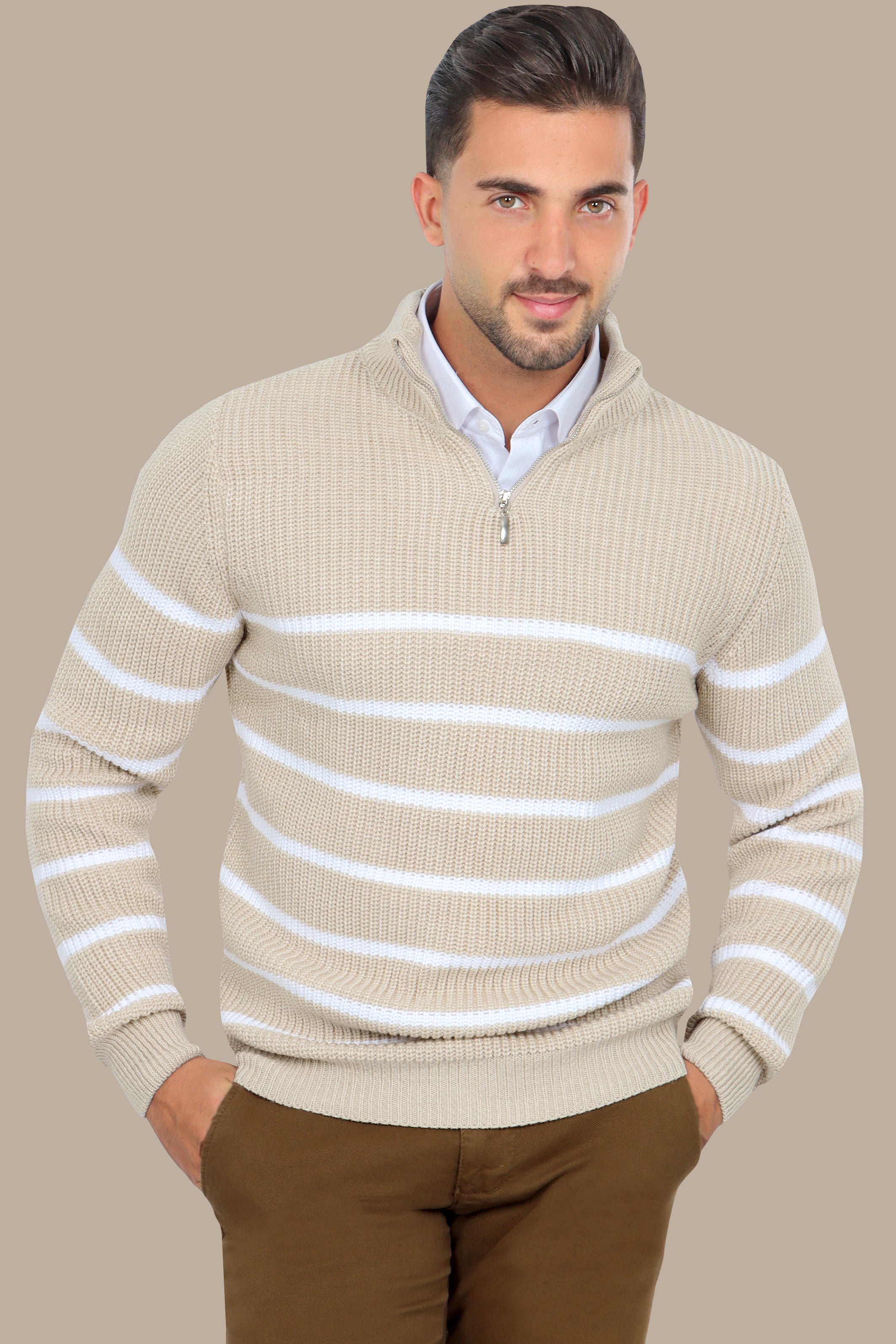 Beige Half-Zipper Mercerized Sweater with Small Stripes