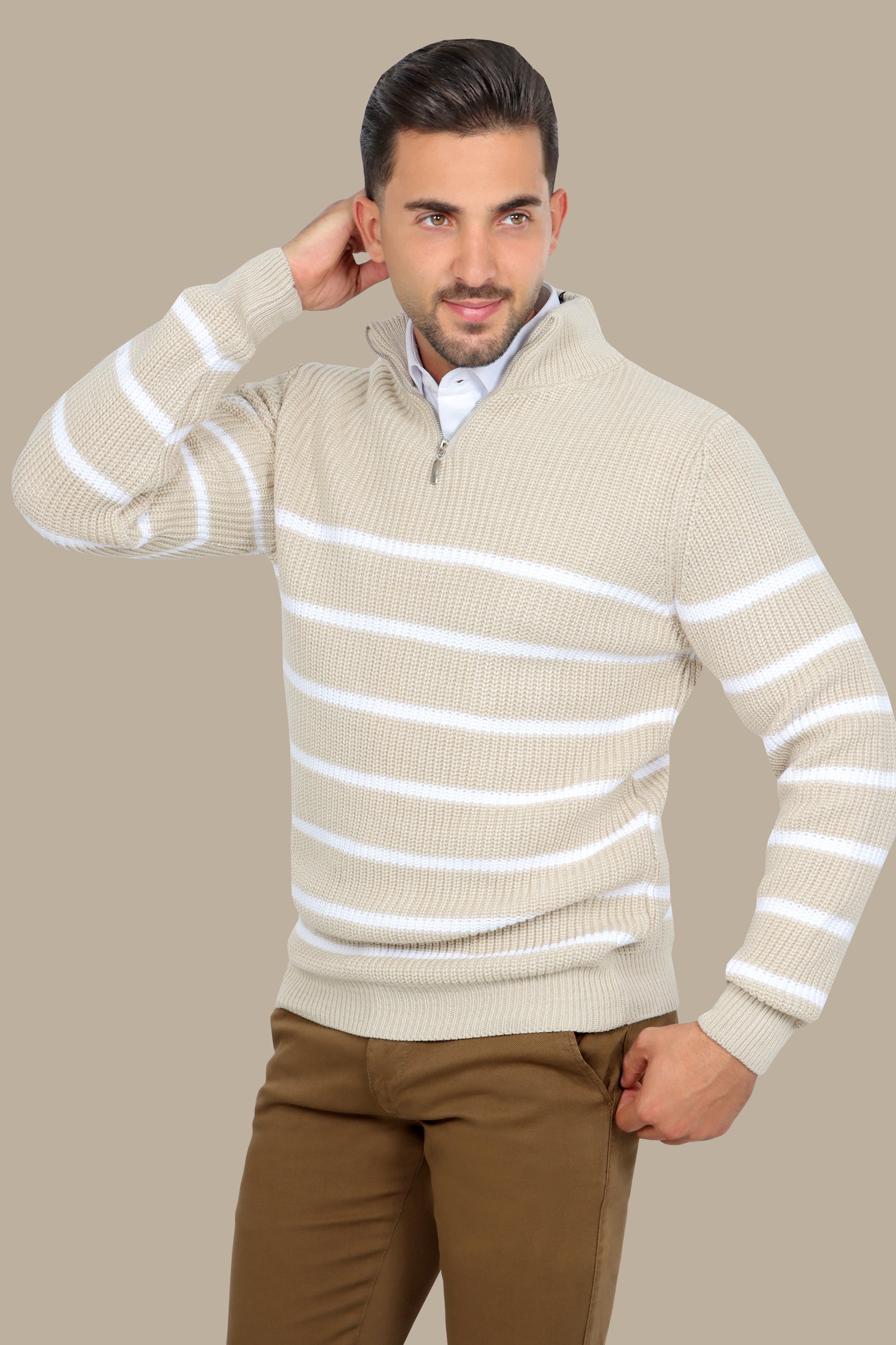 Beige Half-Zipper Mercerized Sweater with Small Stripes