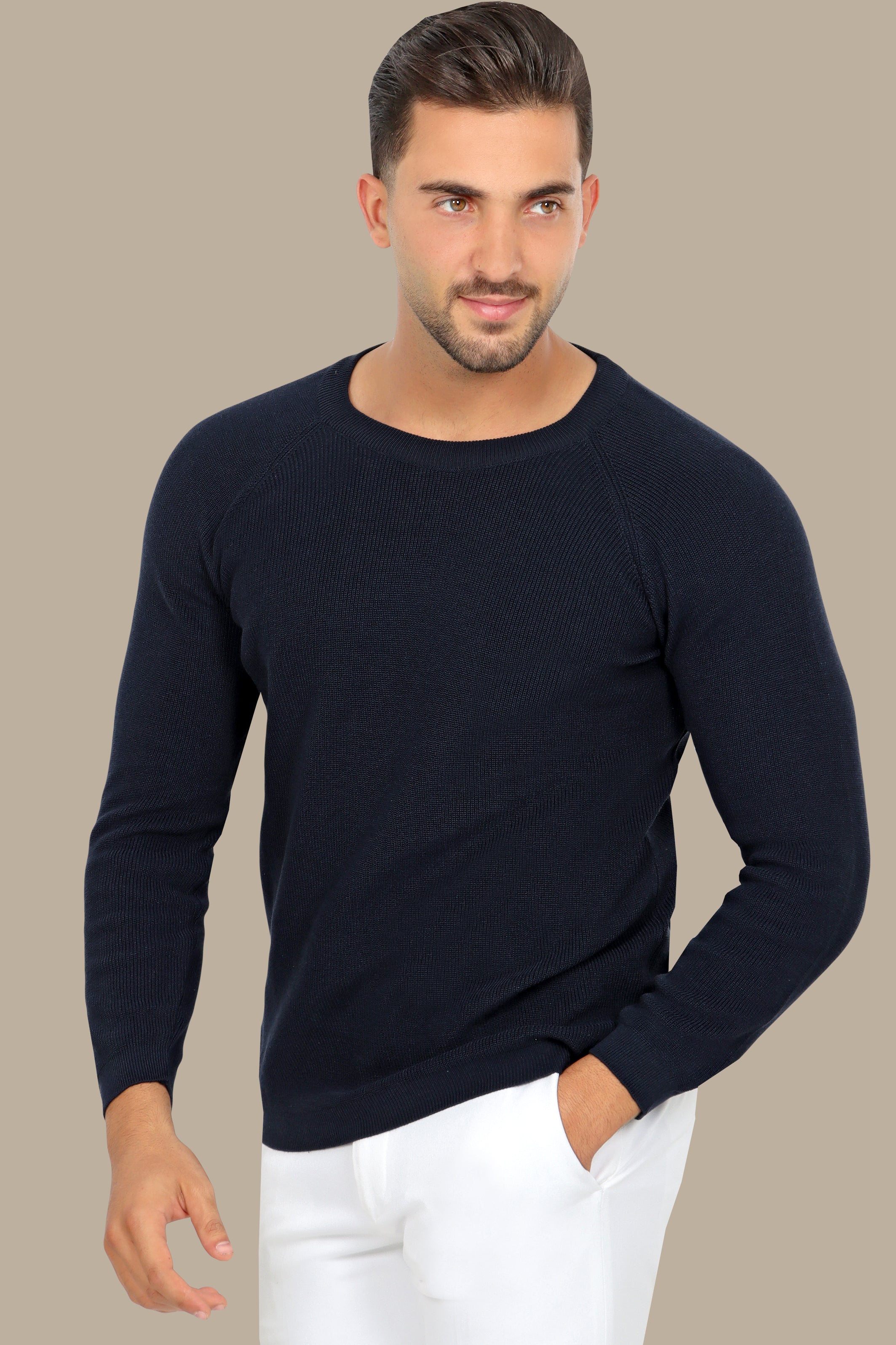 Navy Round Neck Sweater with Shoulder Cup