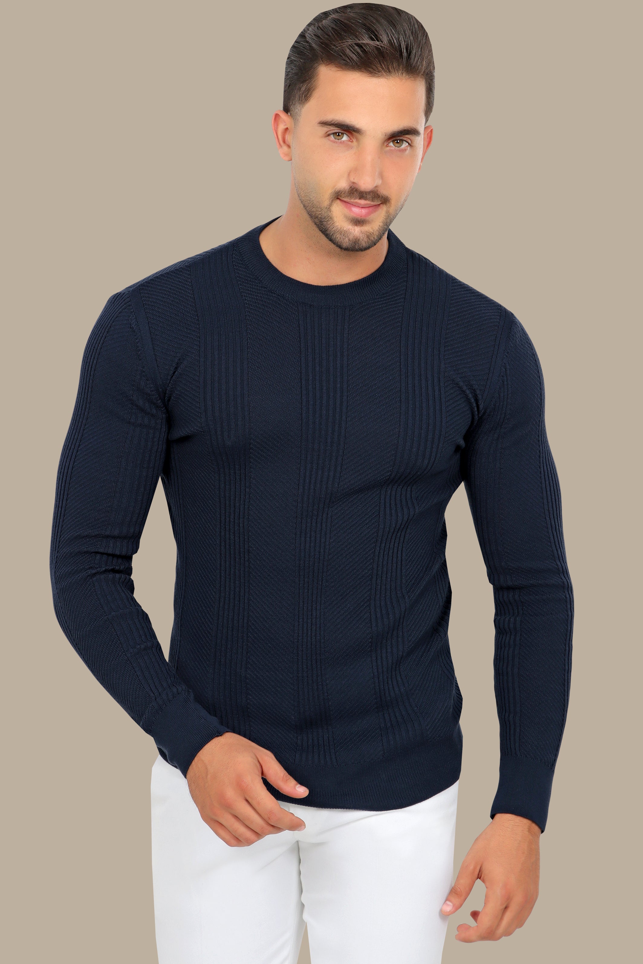 Navy Structured Sweater with 3 Wide Lines