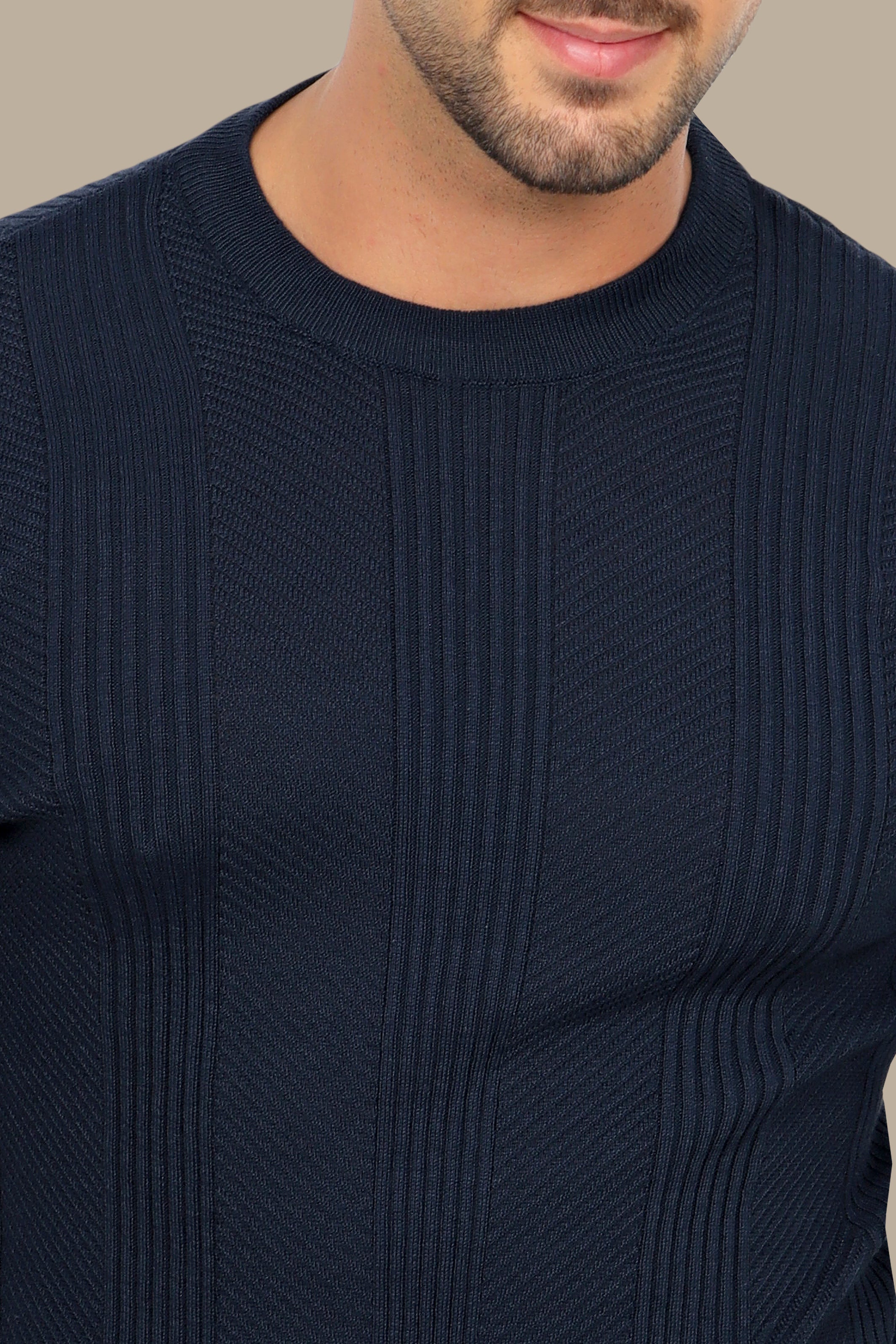 Navy Structured Sweater with 3 Wide Lines