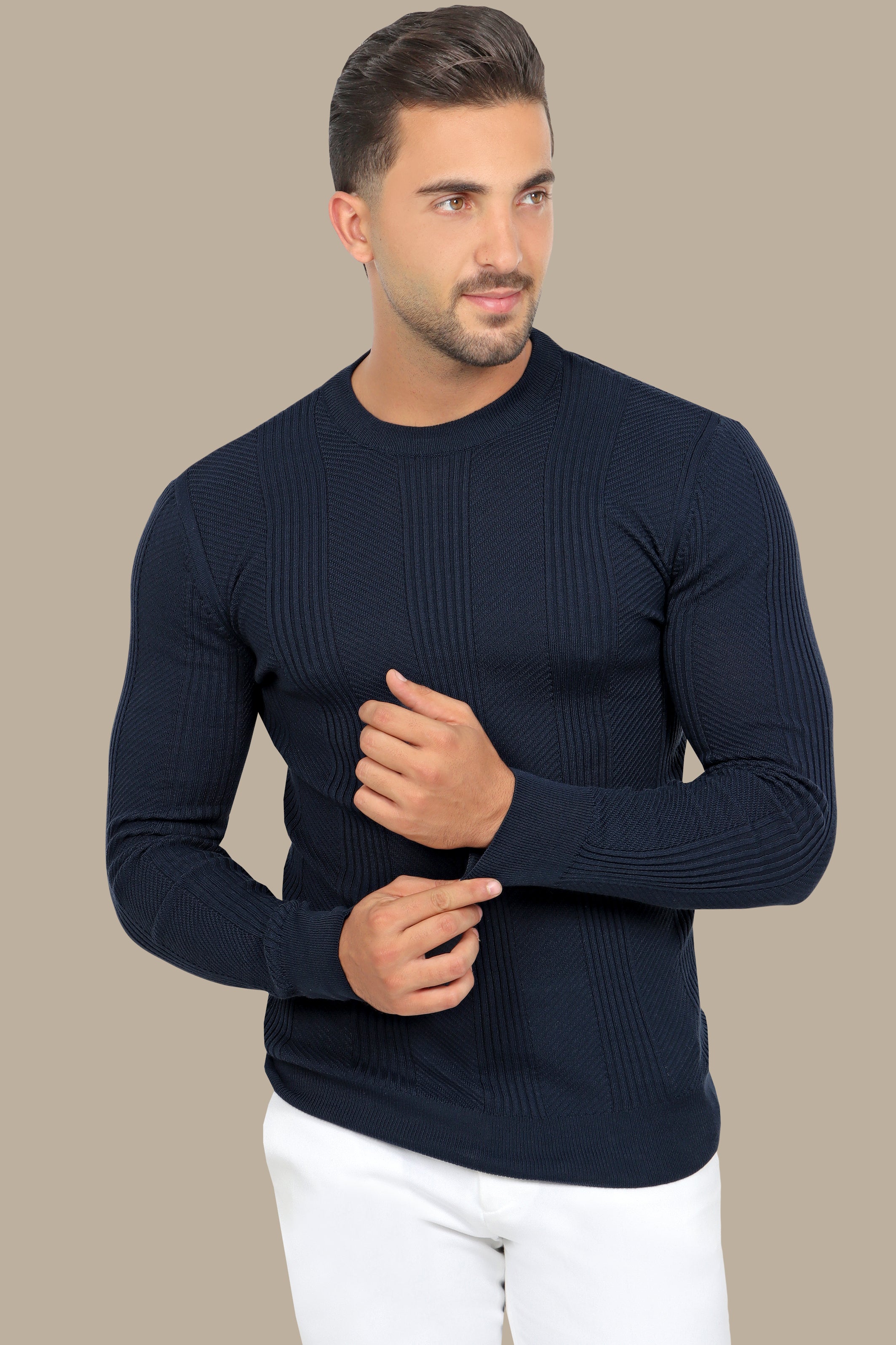 Navy Structured Sweater with 3 Wide Lines