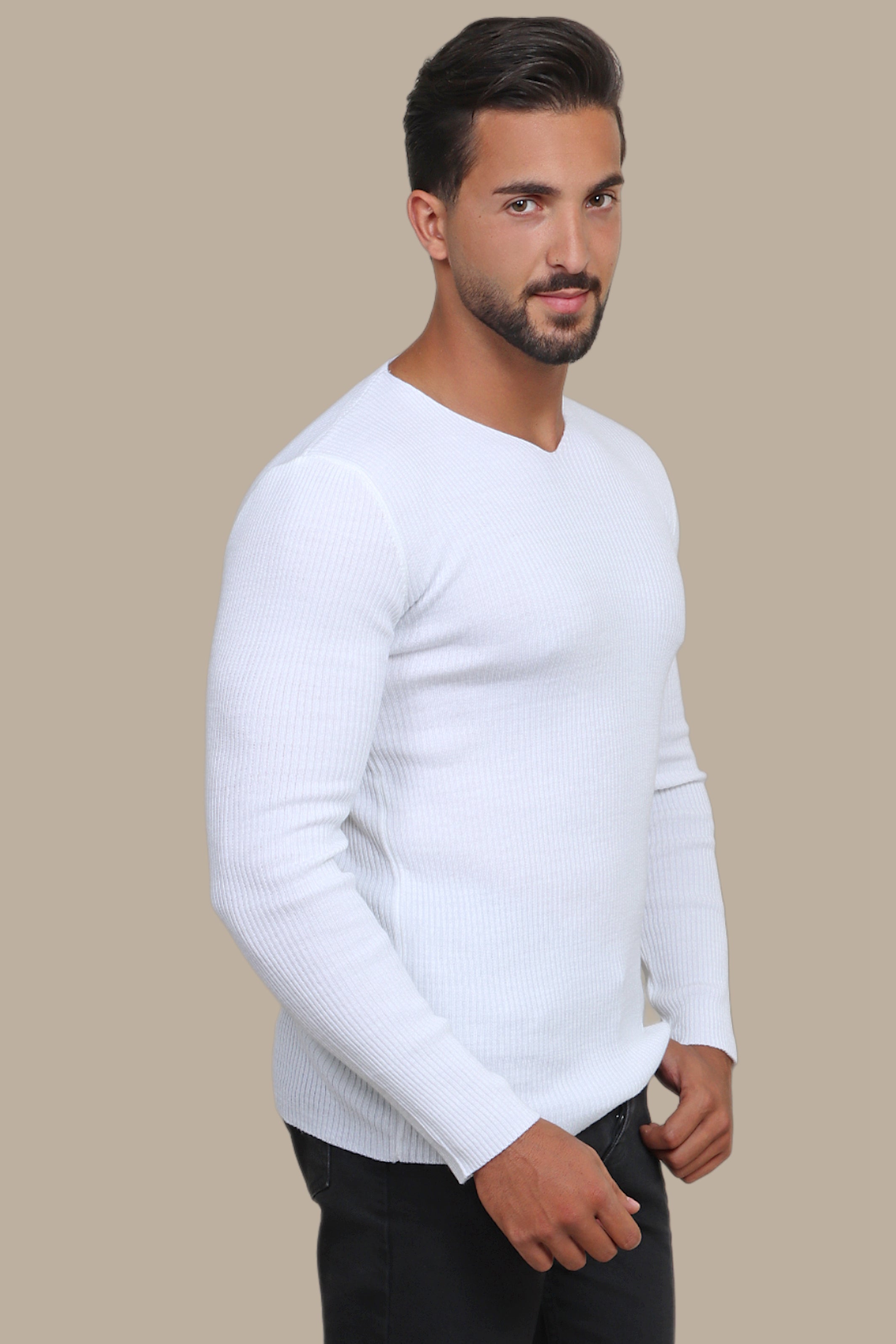 Classic White V-Neck Ribbed Sweater