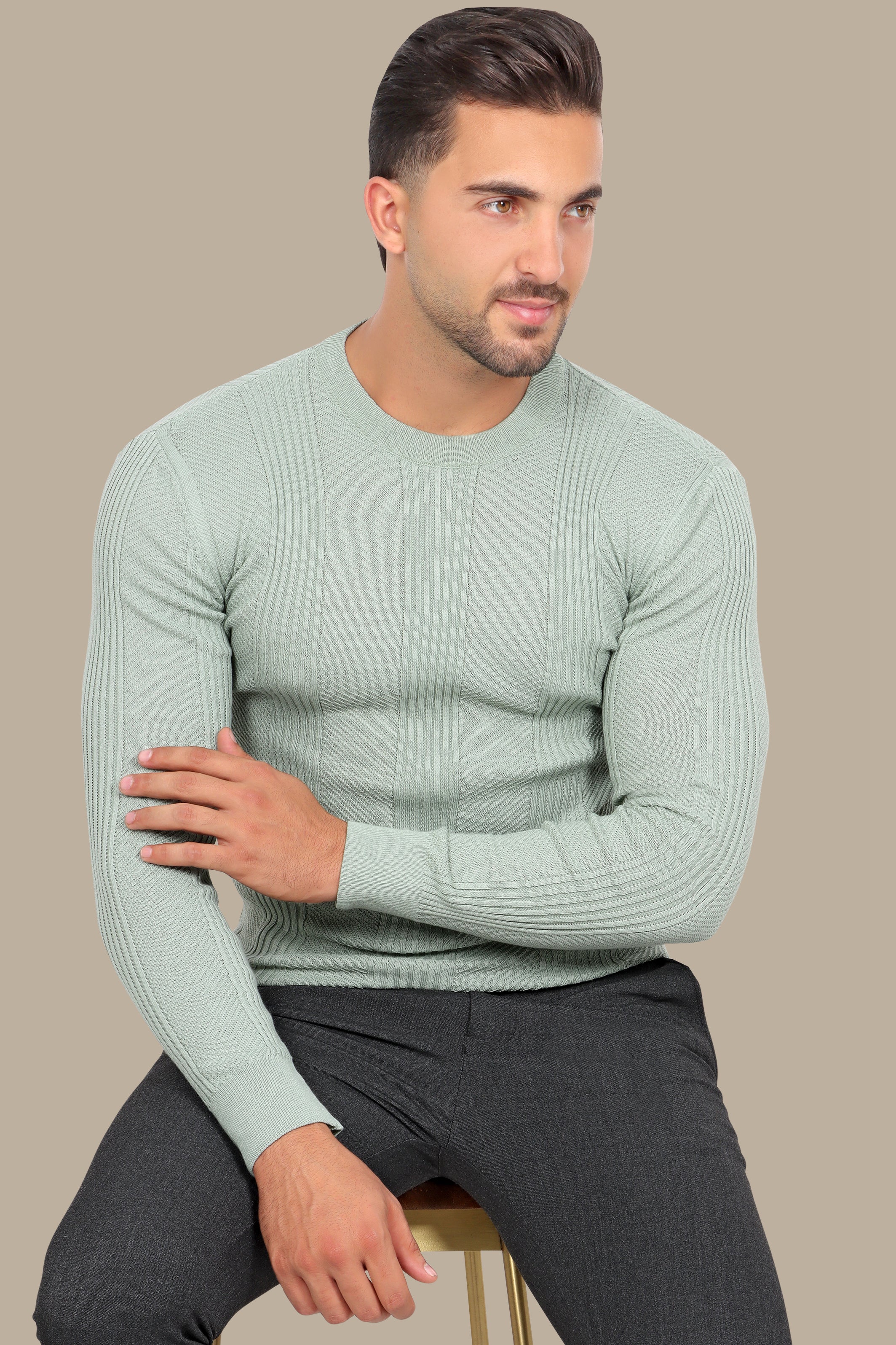 Light Green Structured Sweater with 3 Wide Lines