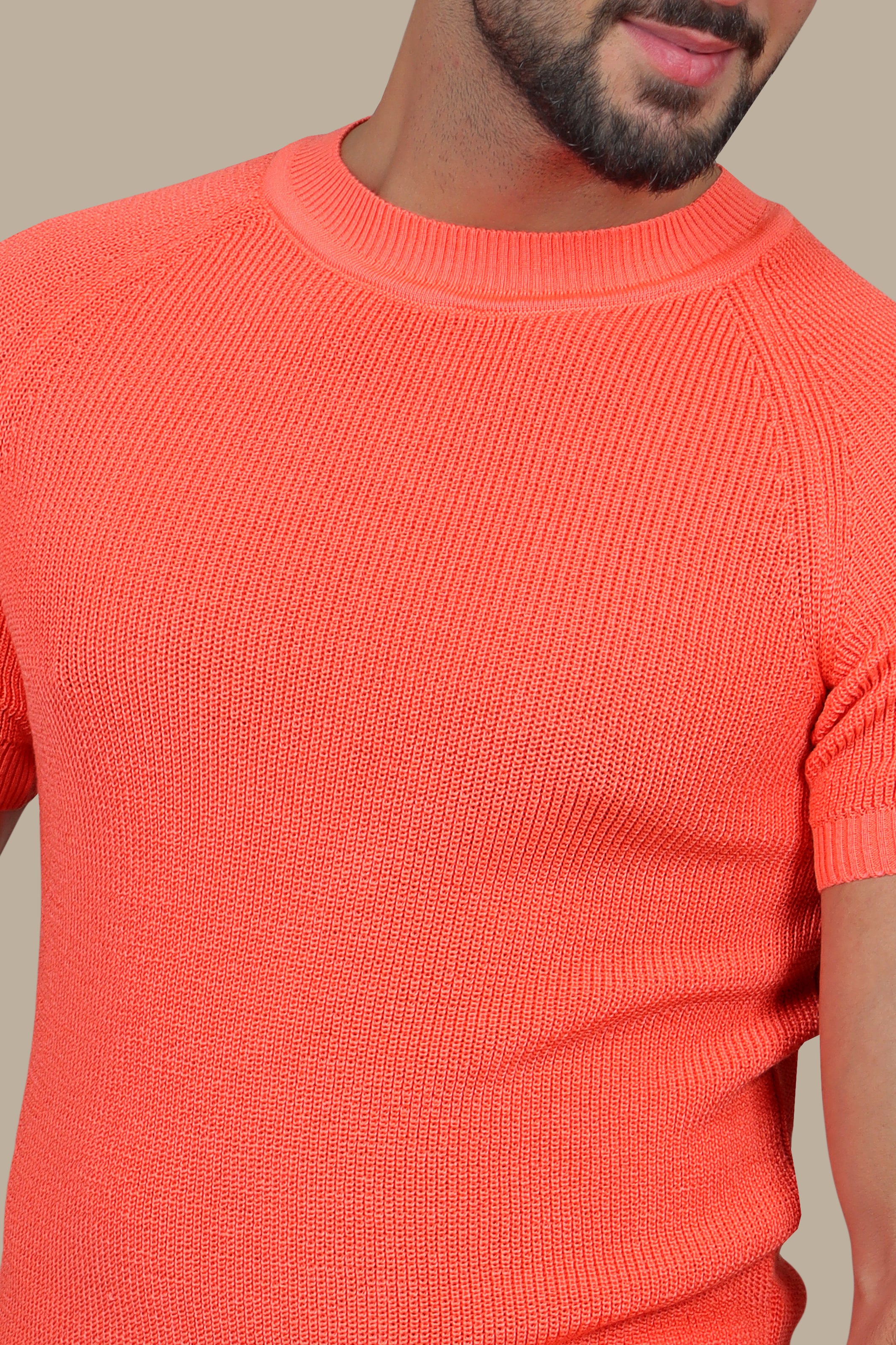 Coral Comfort: Knitted Round Neck T-Shirt