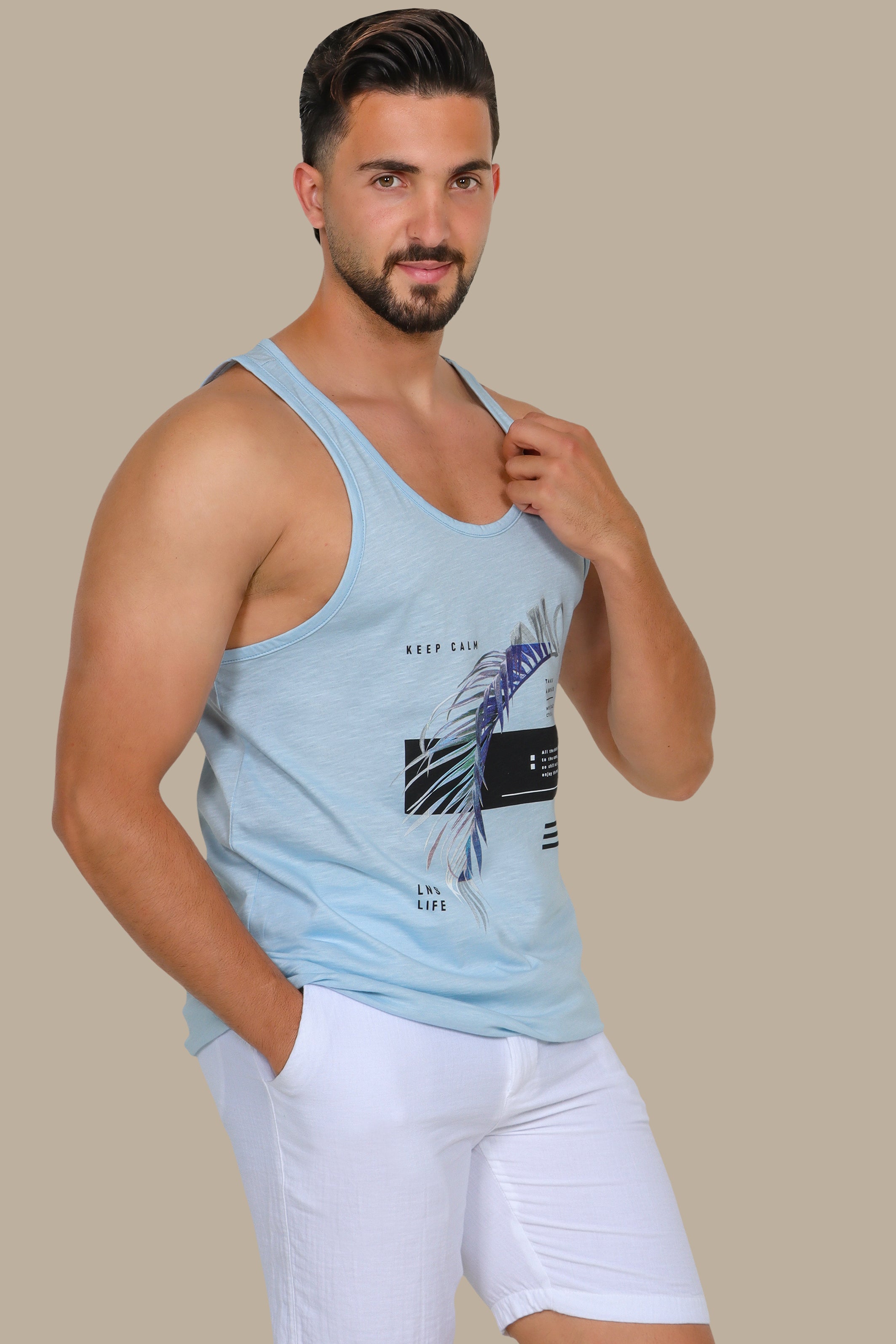 Tranquil Waves: Light Blue Sleeveless Shirt