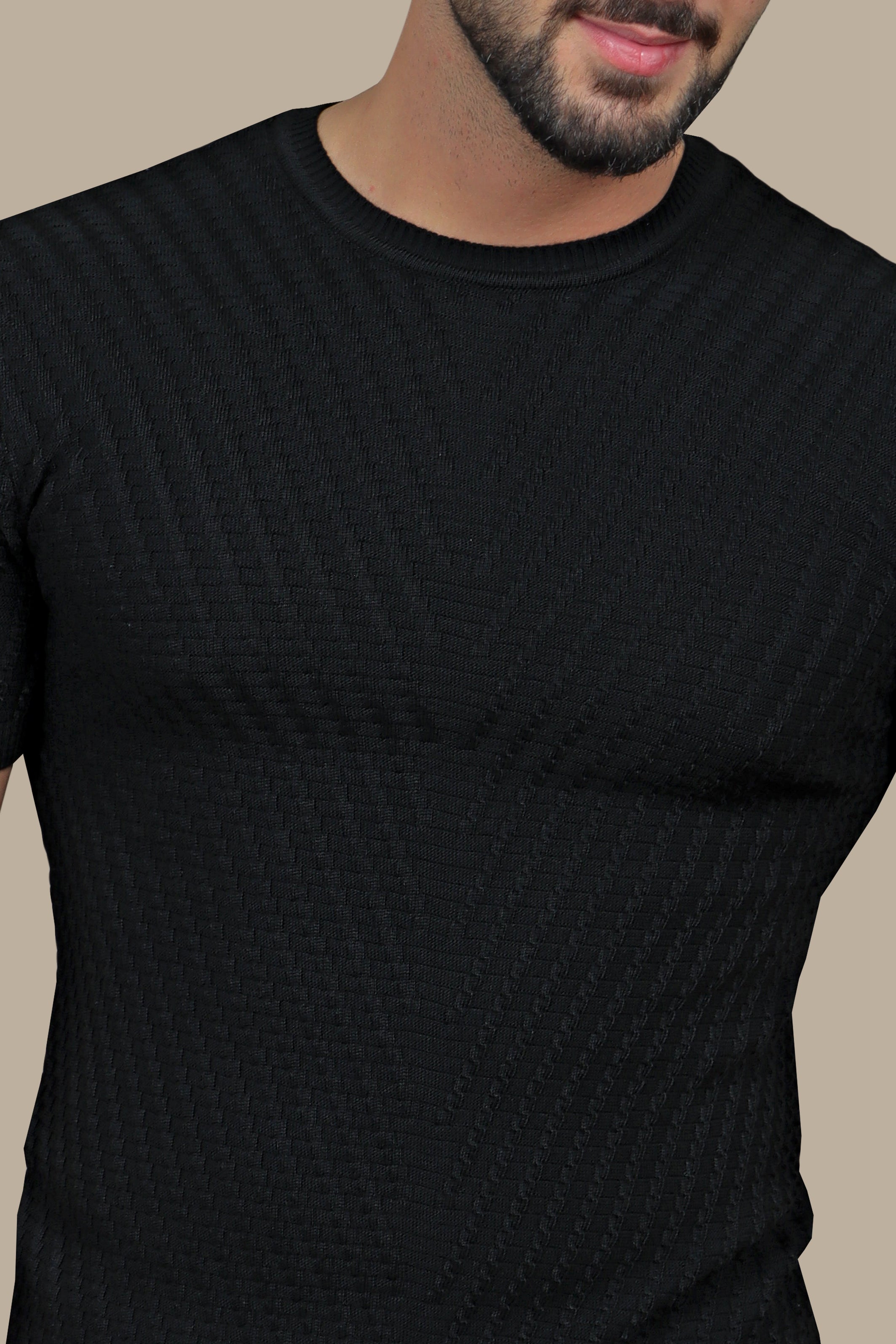 Classic Black: Knitted Round Neck T-Shirt