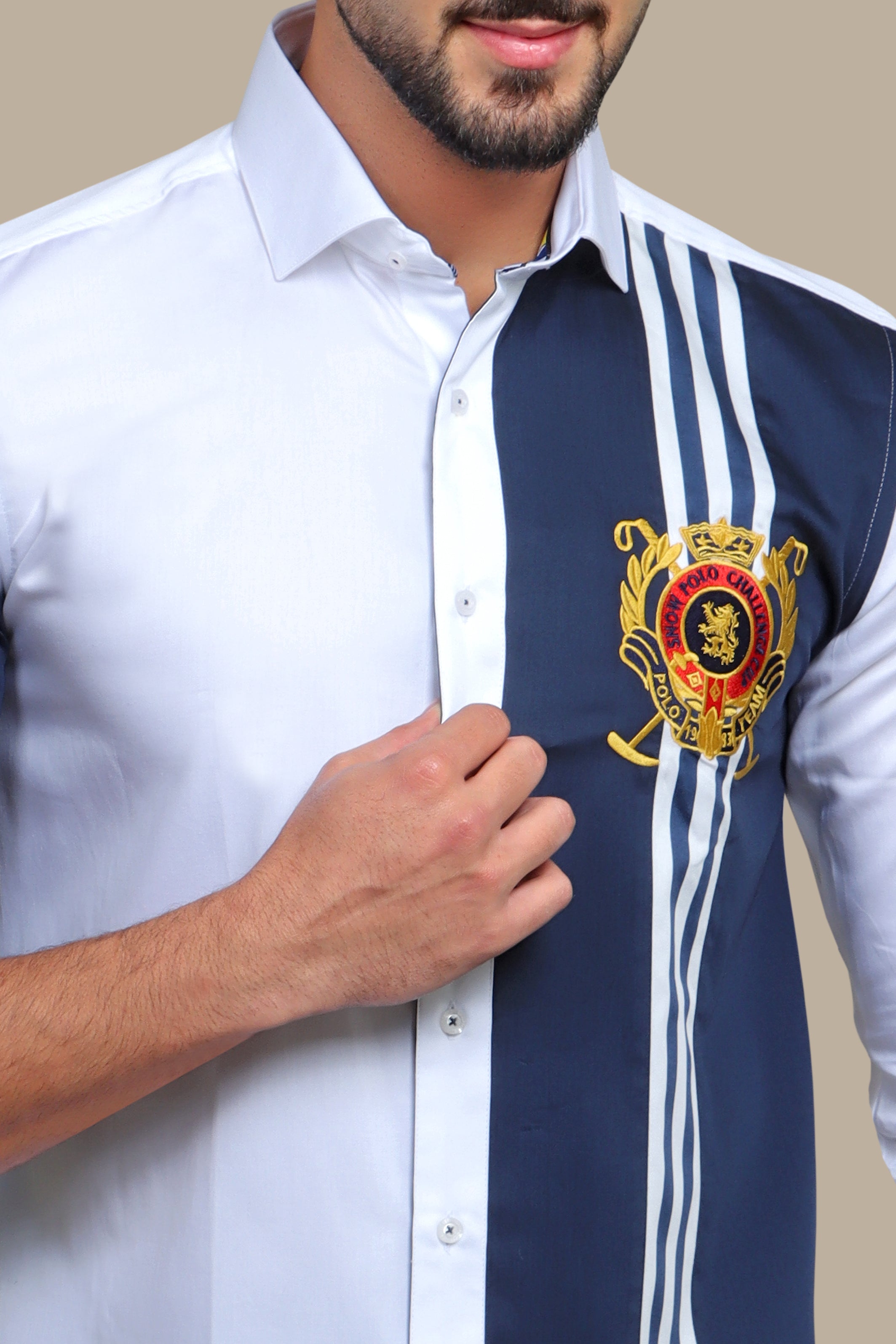 Regal Pride: White Shirt with Lion and Polo Badge Embellishments