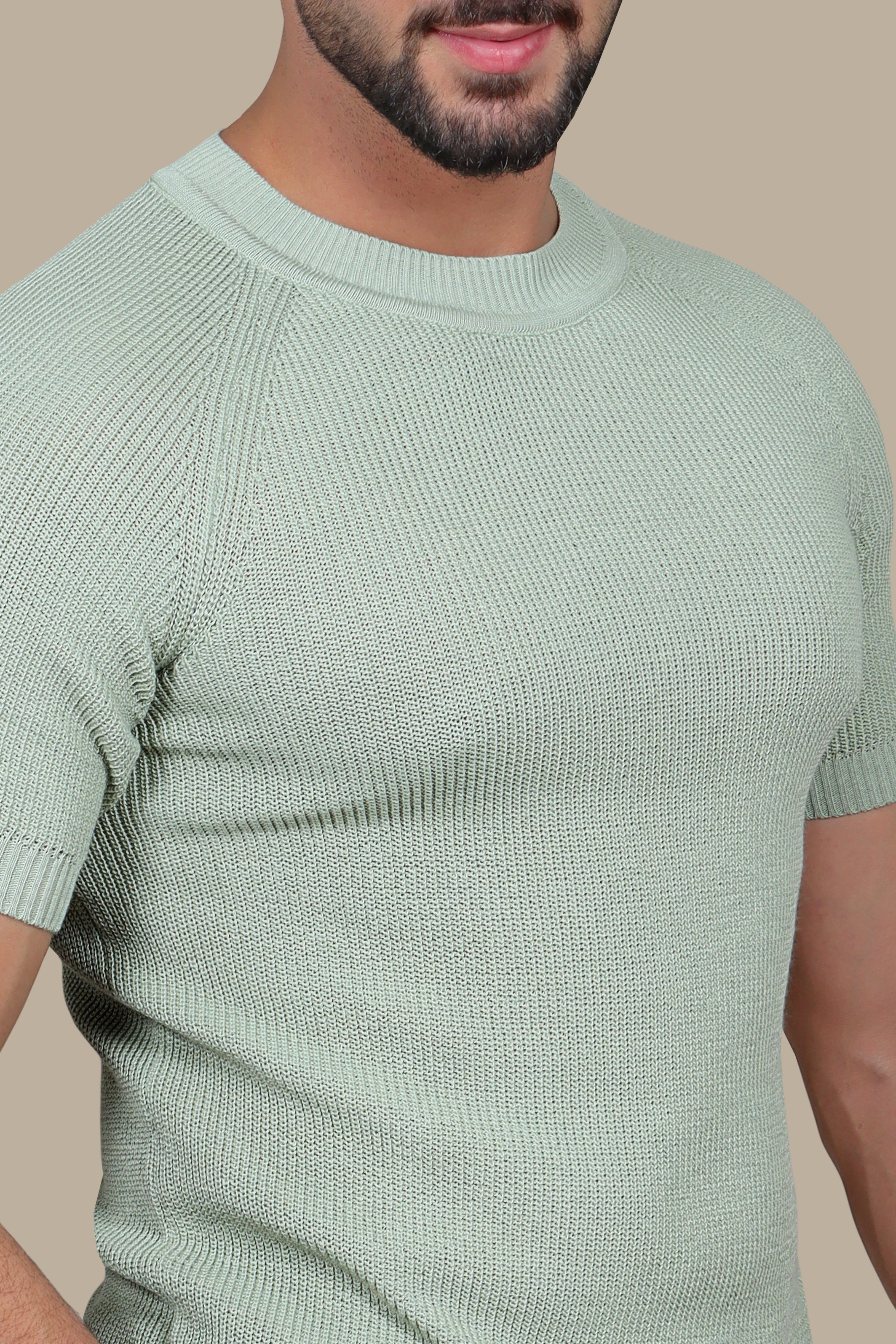 Classic Comfort: Olive Knitted Round Neck T-Shirt