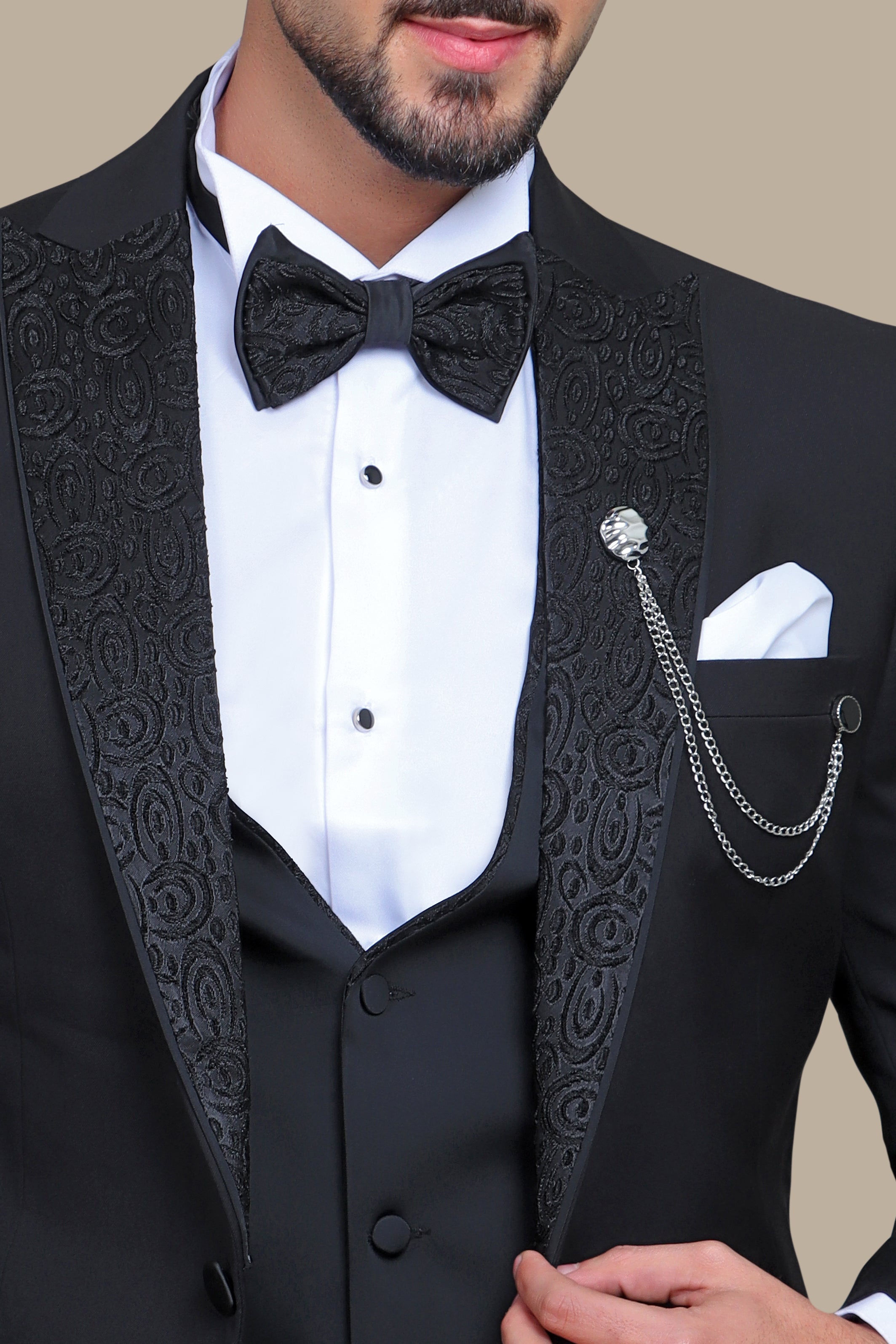 Imperial Noir Elegance: The Black Tuxedo Jacquard Collar 4-Piece Set