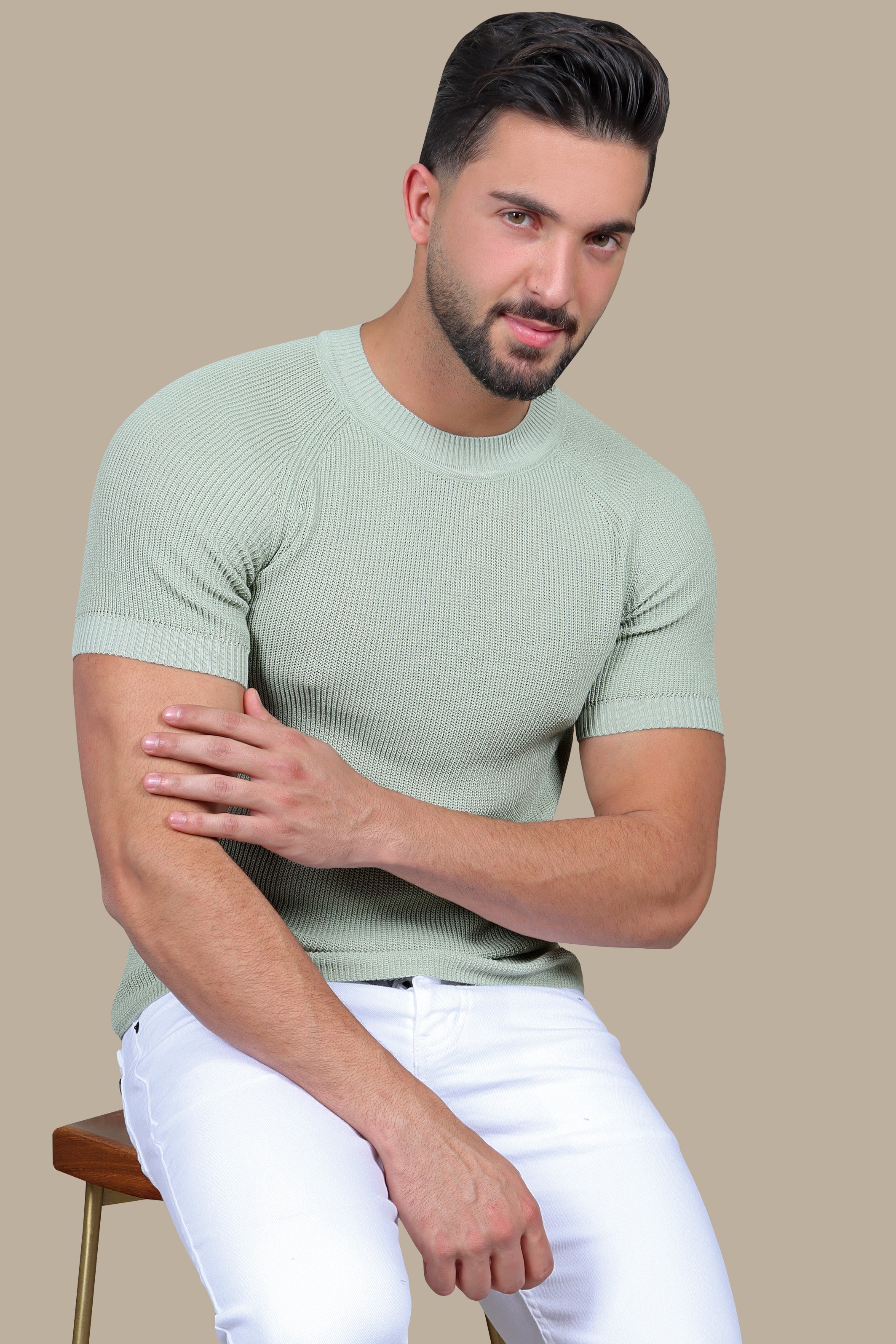 Classic Comfort: Olive Knitted Round Neck T-Shirt