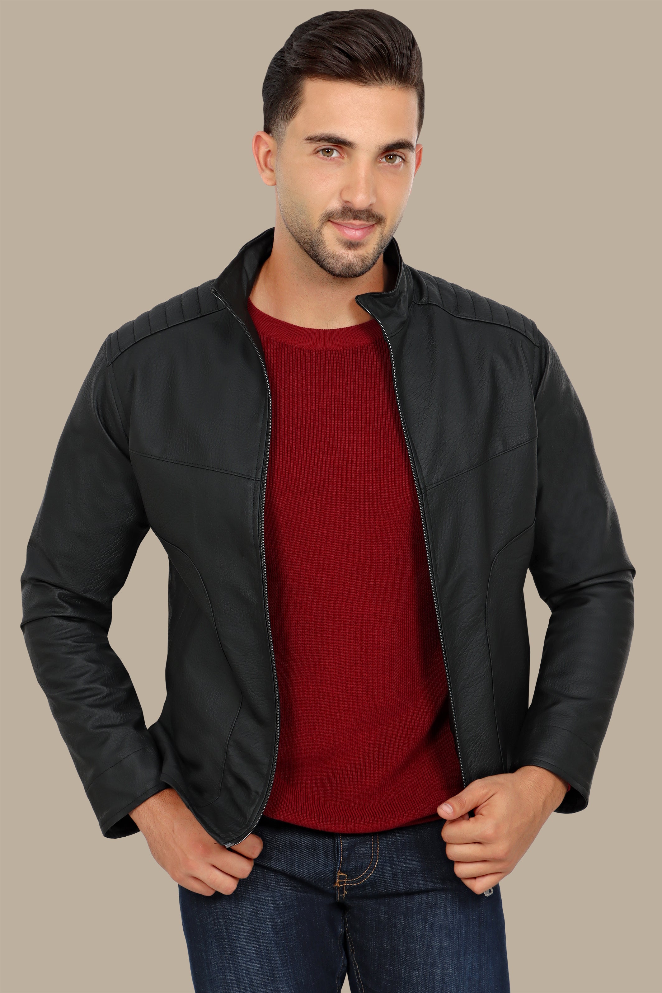 Black High Neck Faux Leather Jacket