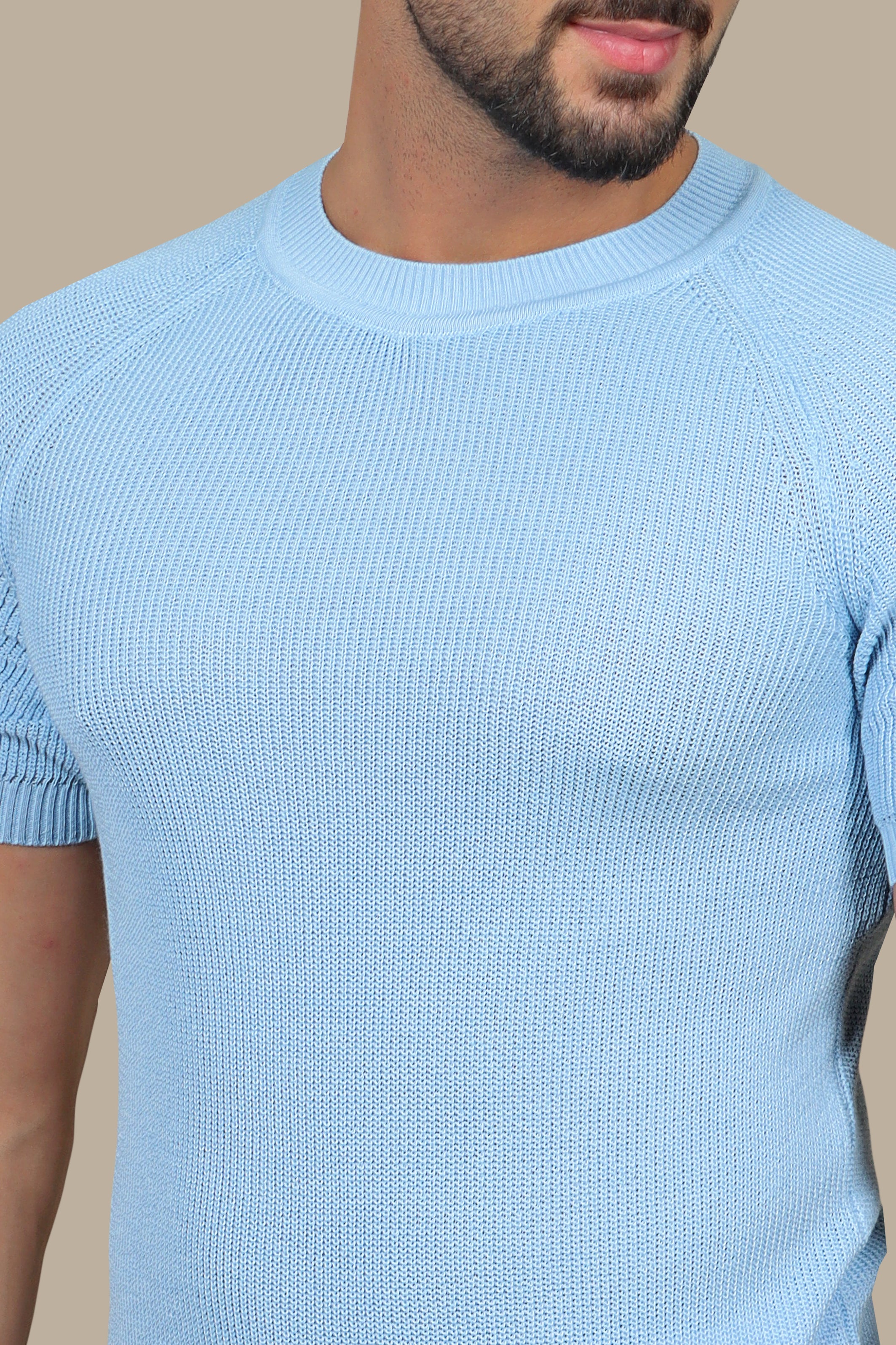 Serene Comfort: Light Blue Knitted Round Neck T-Shirt