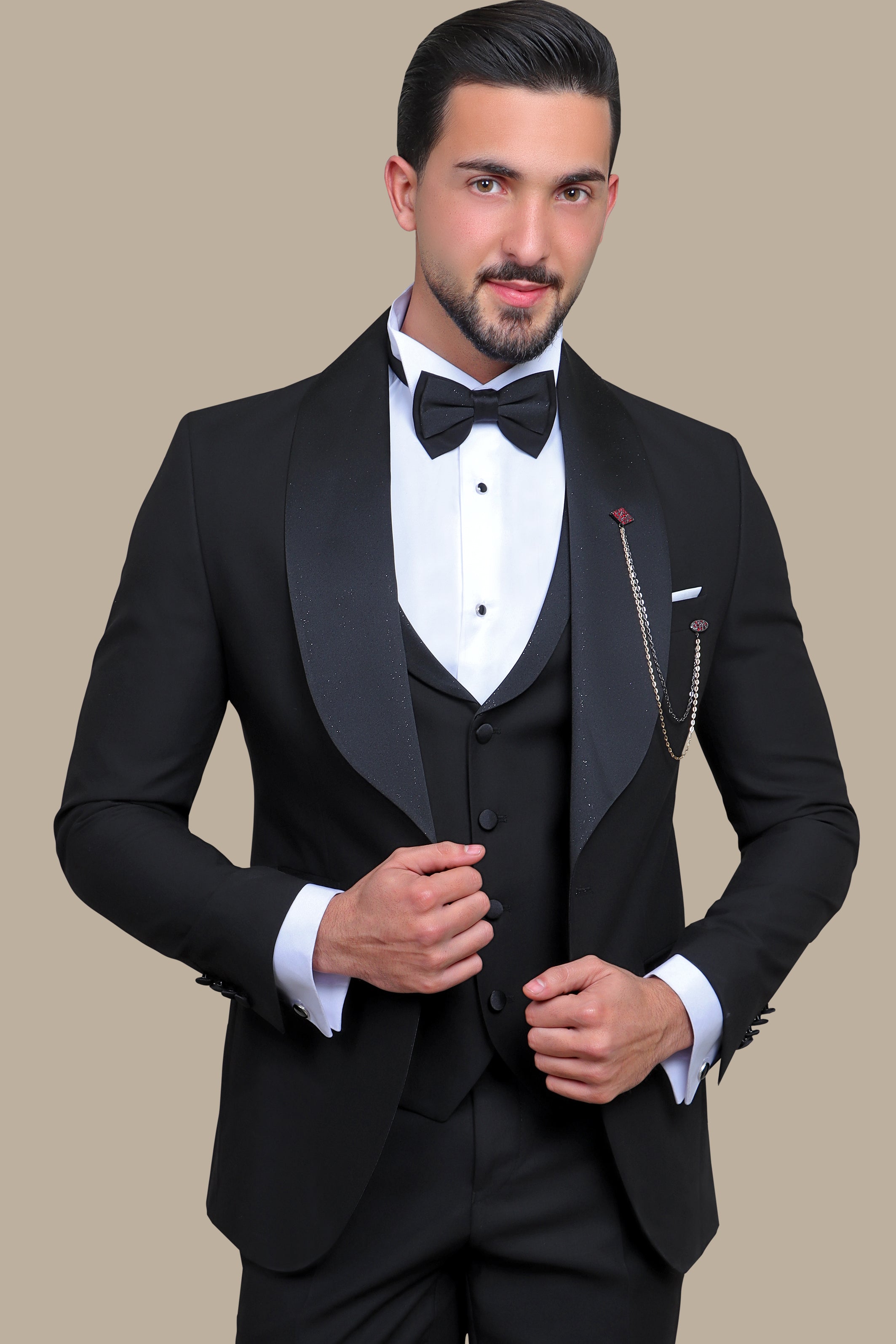 Black Glitter Wide Collar Tuxedo - 4 Piece Set