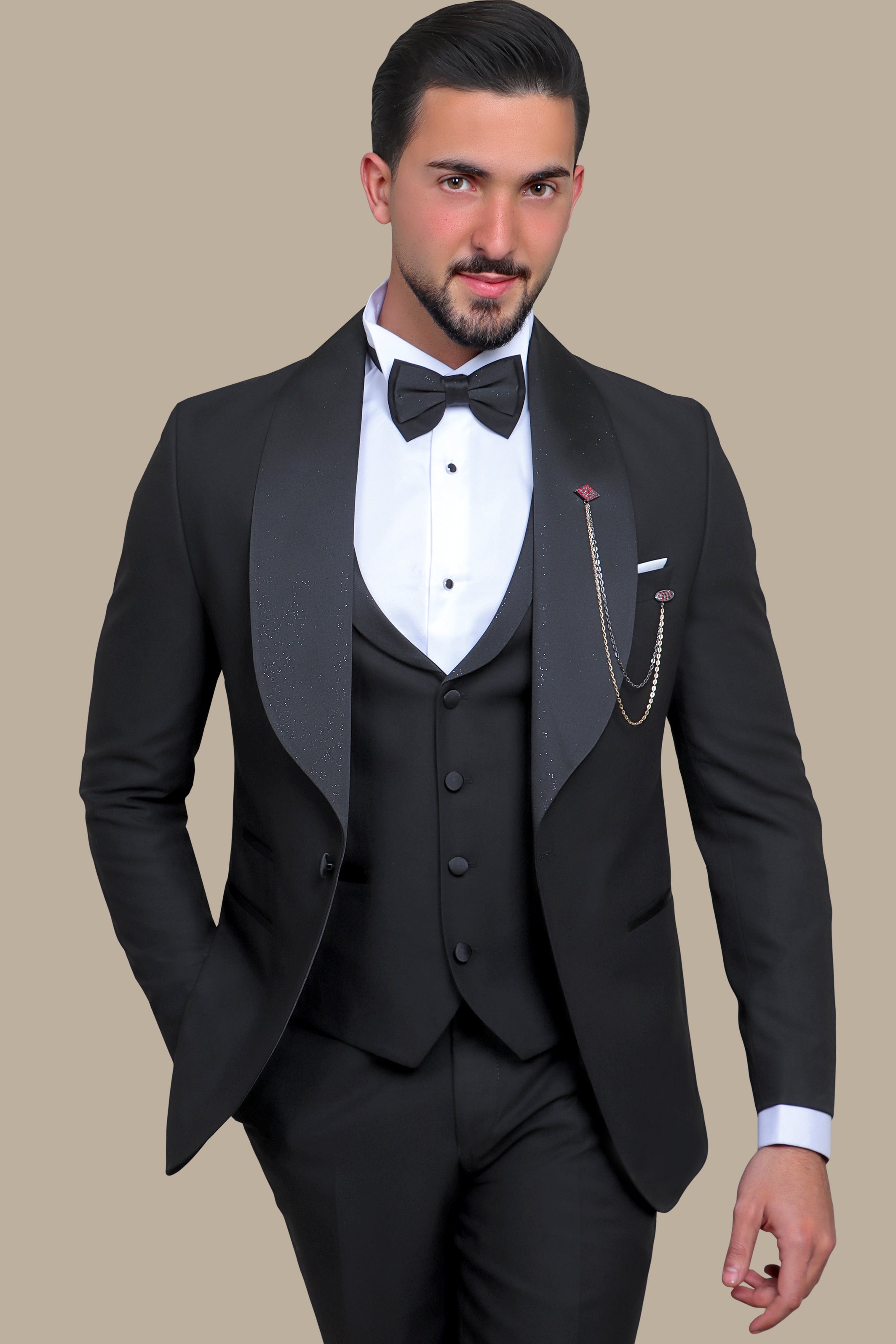 Black Glitter Wide Collar Tuxedo - 4 Piece Set