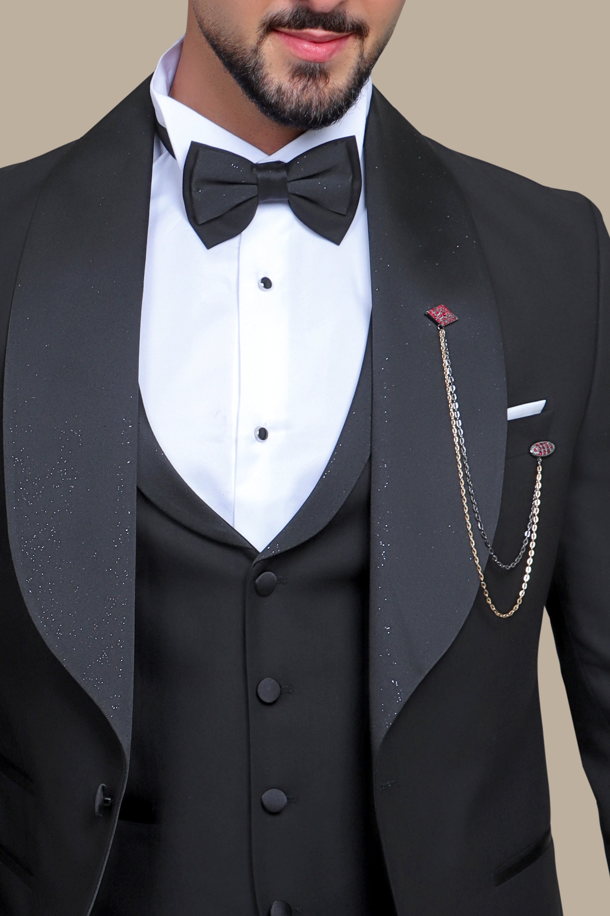 Black Glitter Wide Collar Tuxedo - 4 Piece Set