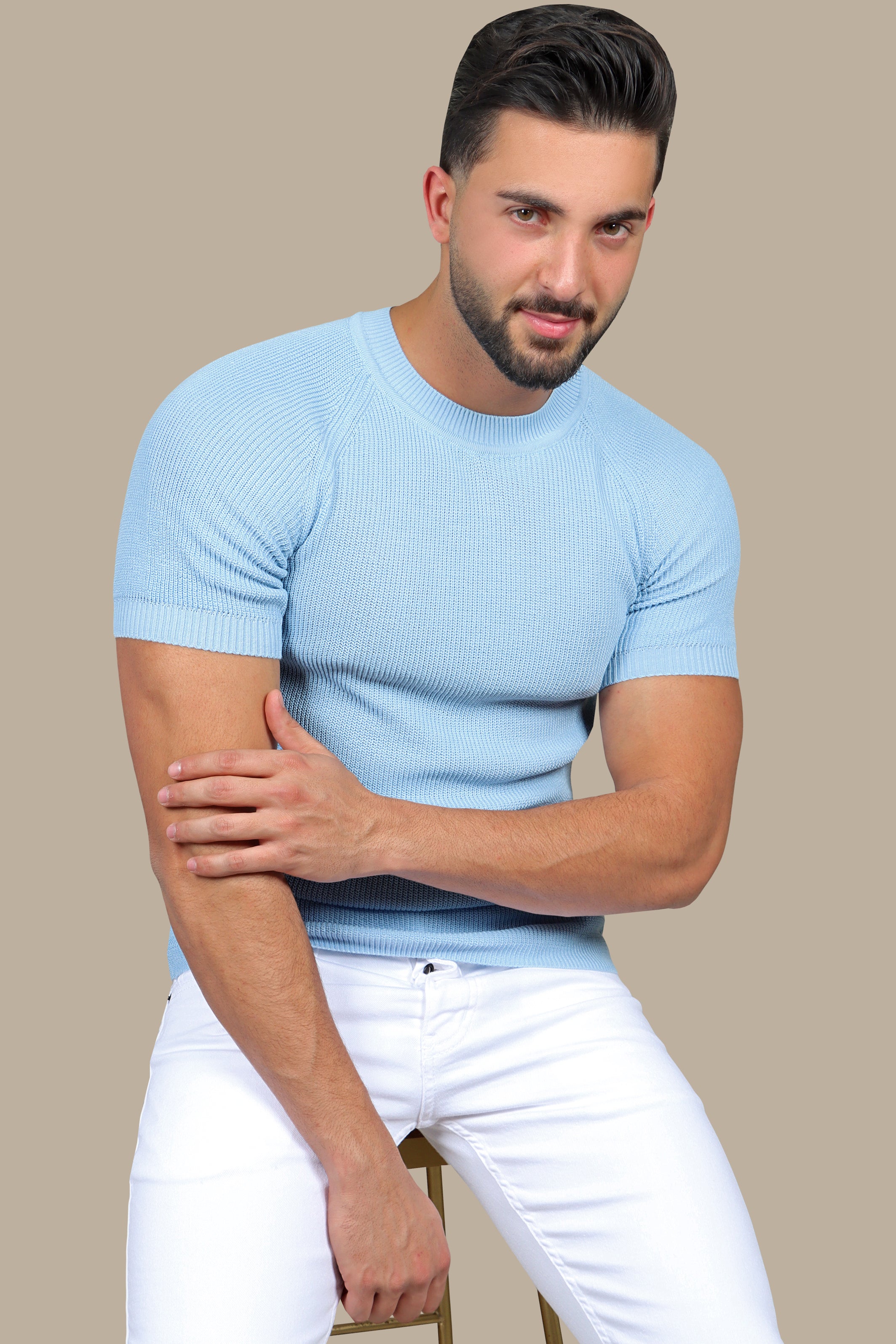 Serene Comfort: Light Blue Knitted Round Neck T-Shirt