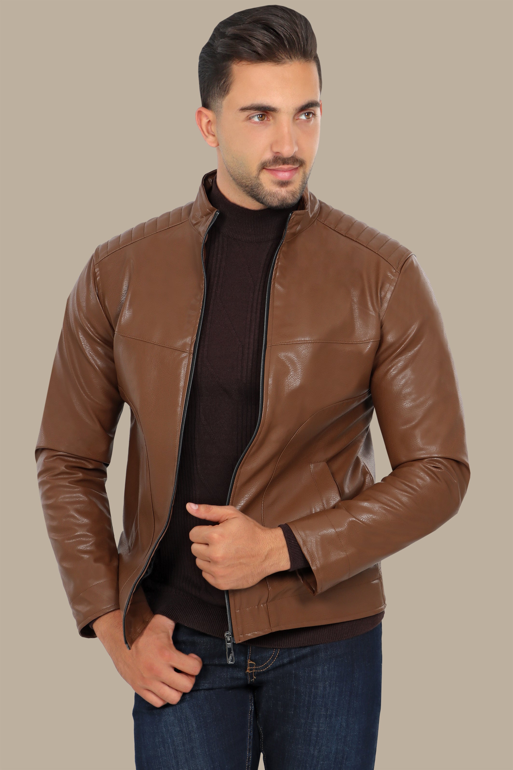 Havane High Neck Faux Leather Jacket