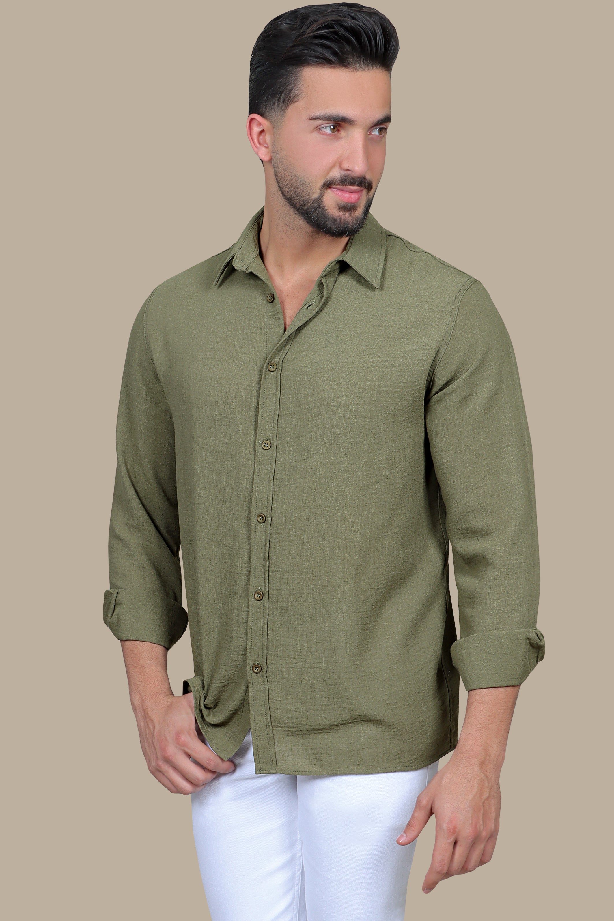 Olive Oasis: Long Sleeve Plain Linen Shirt