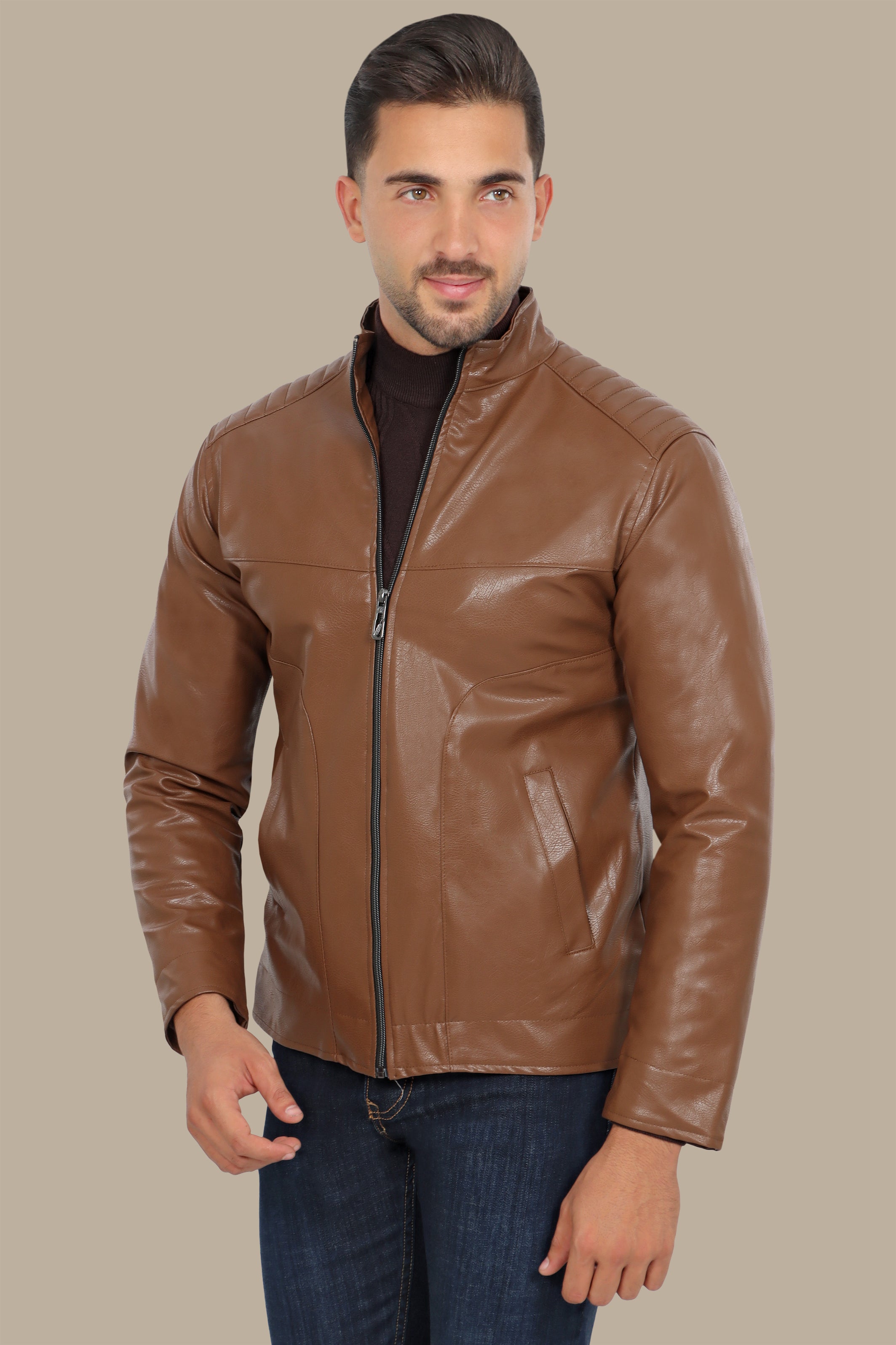 Havane High Neck Faux Leather Jacket