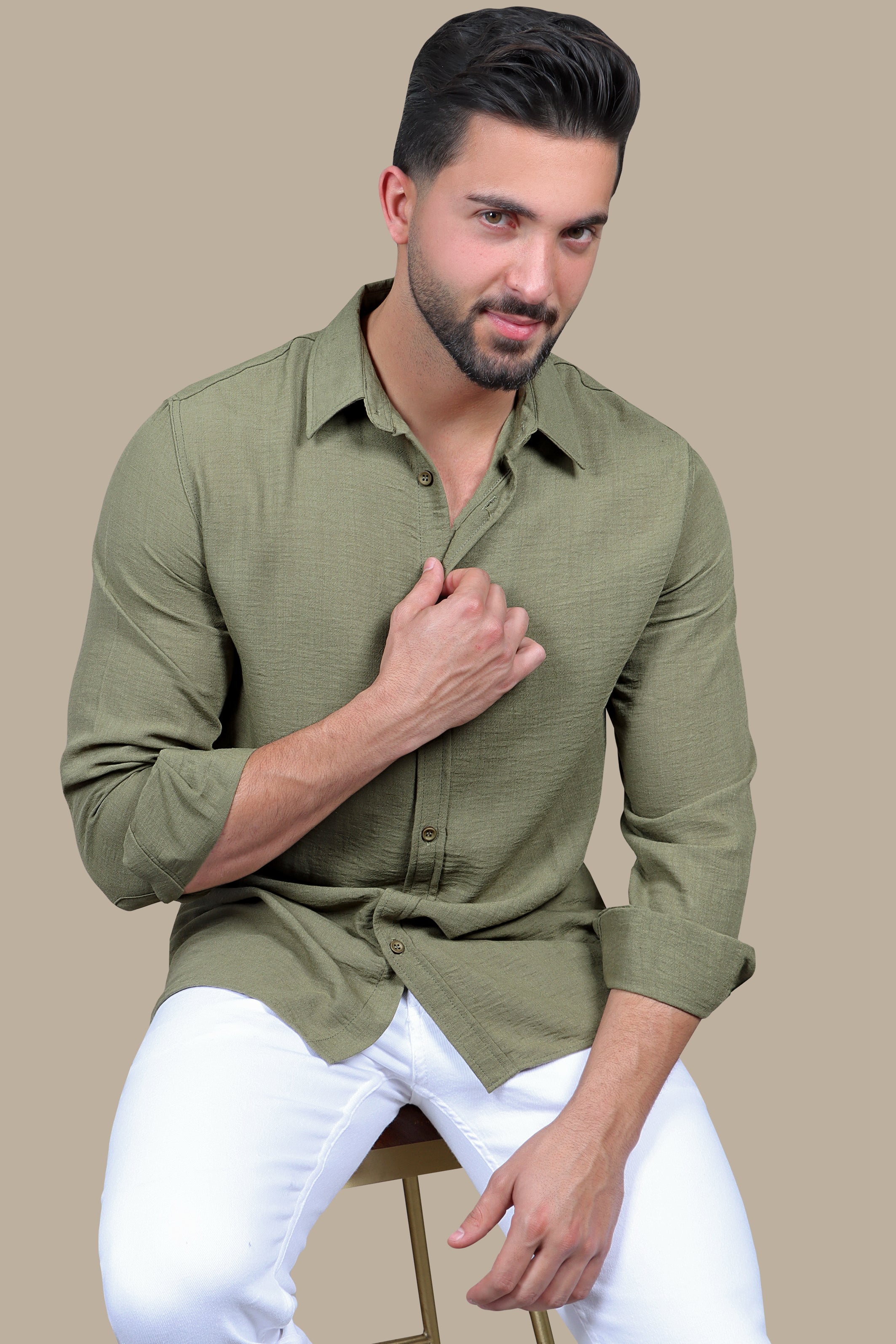 Olive Oasis: Long Sleeve Plain Linen Shirt