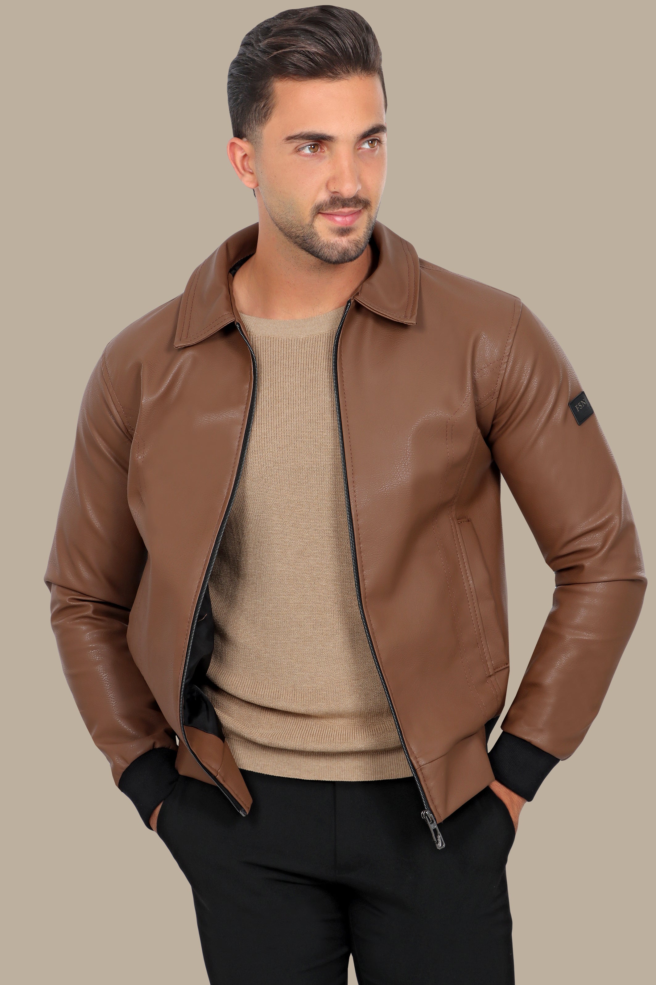 Timeless Charm: Brown Leather Jacket with Classic Collar & Zipper