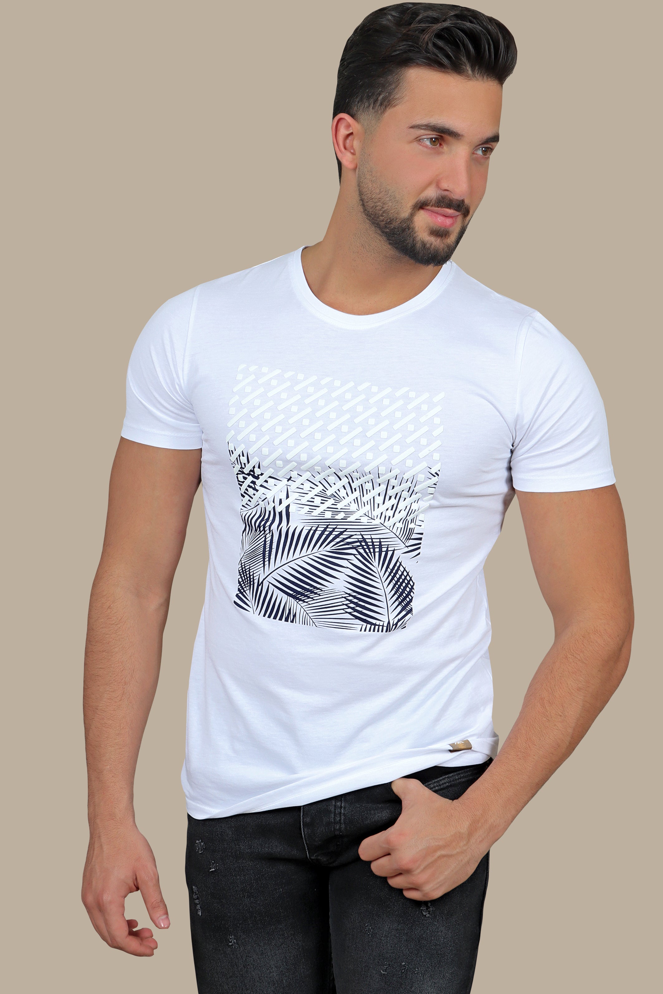 Nature's Whisper: White Leaves Print T-Shirt