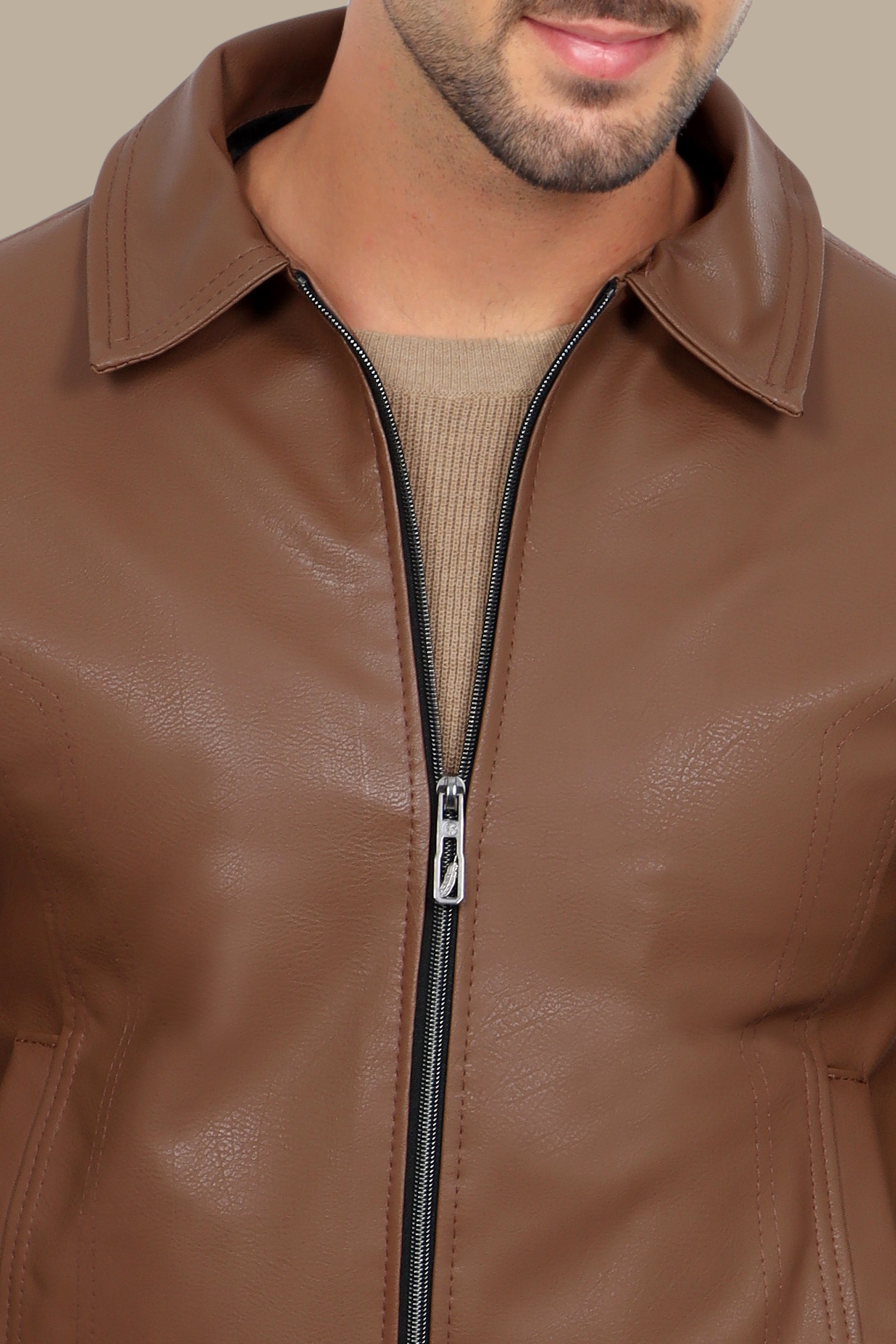 Timeless Charm: Brown Leather Jacket with Classic Collar & Zipper