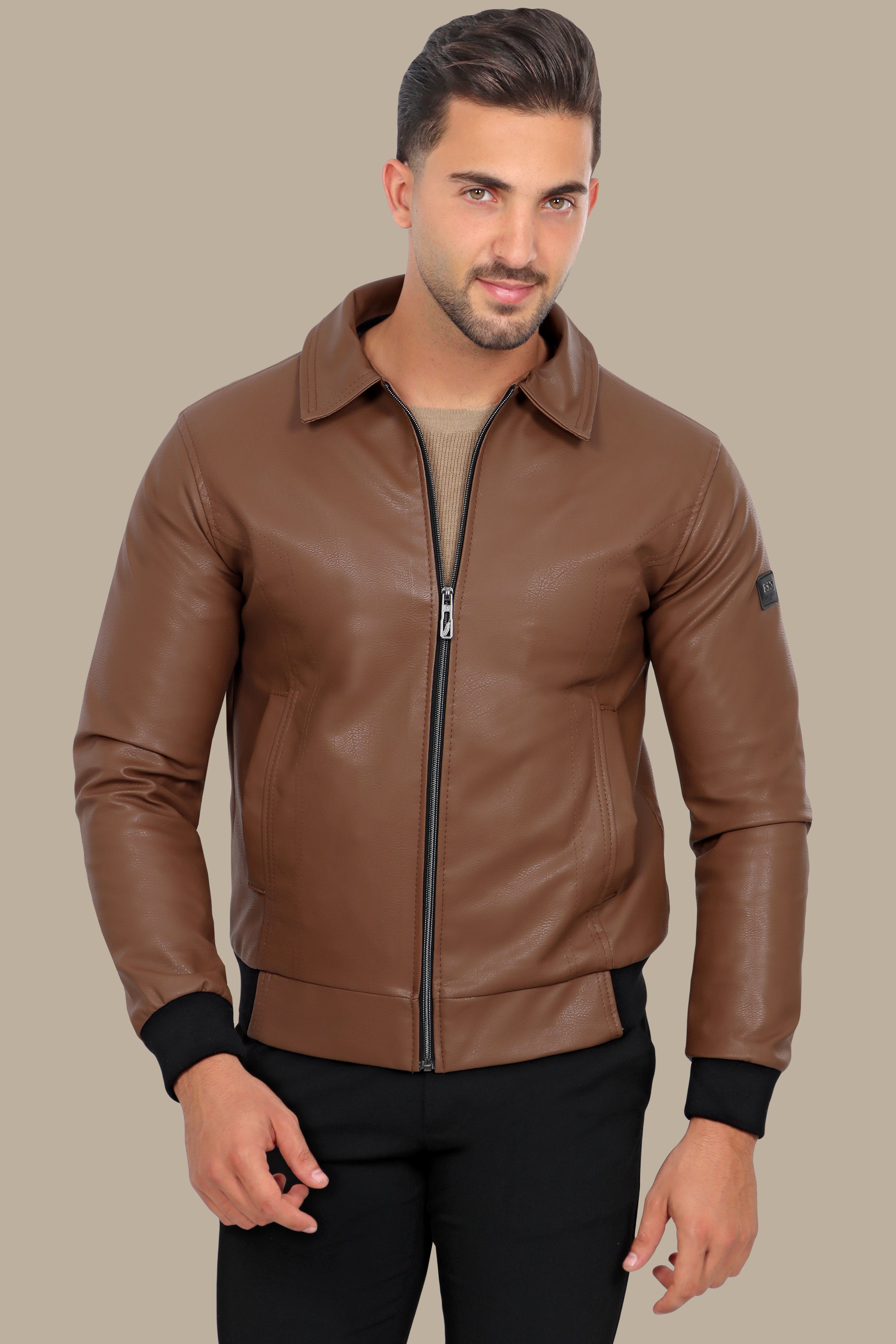 Timeless Charm: Brown Leather Jacket with Classic Collar & Zipper