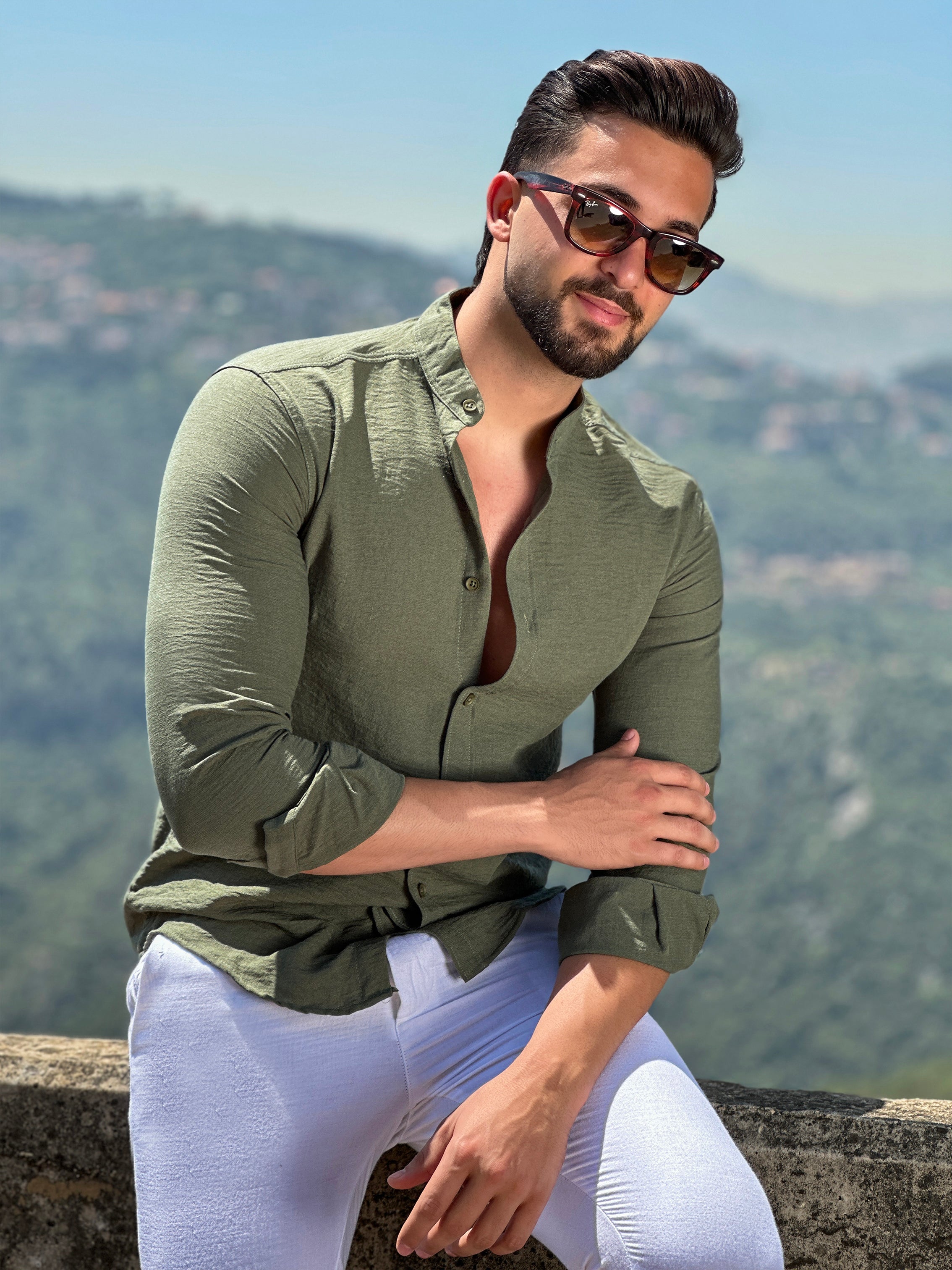Khaki Linen Aerobin Shirt with Mao Collar