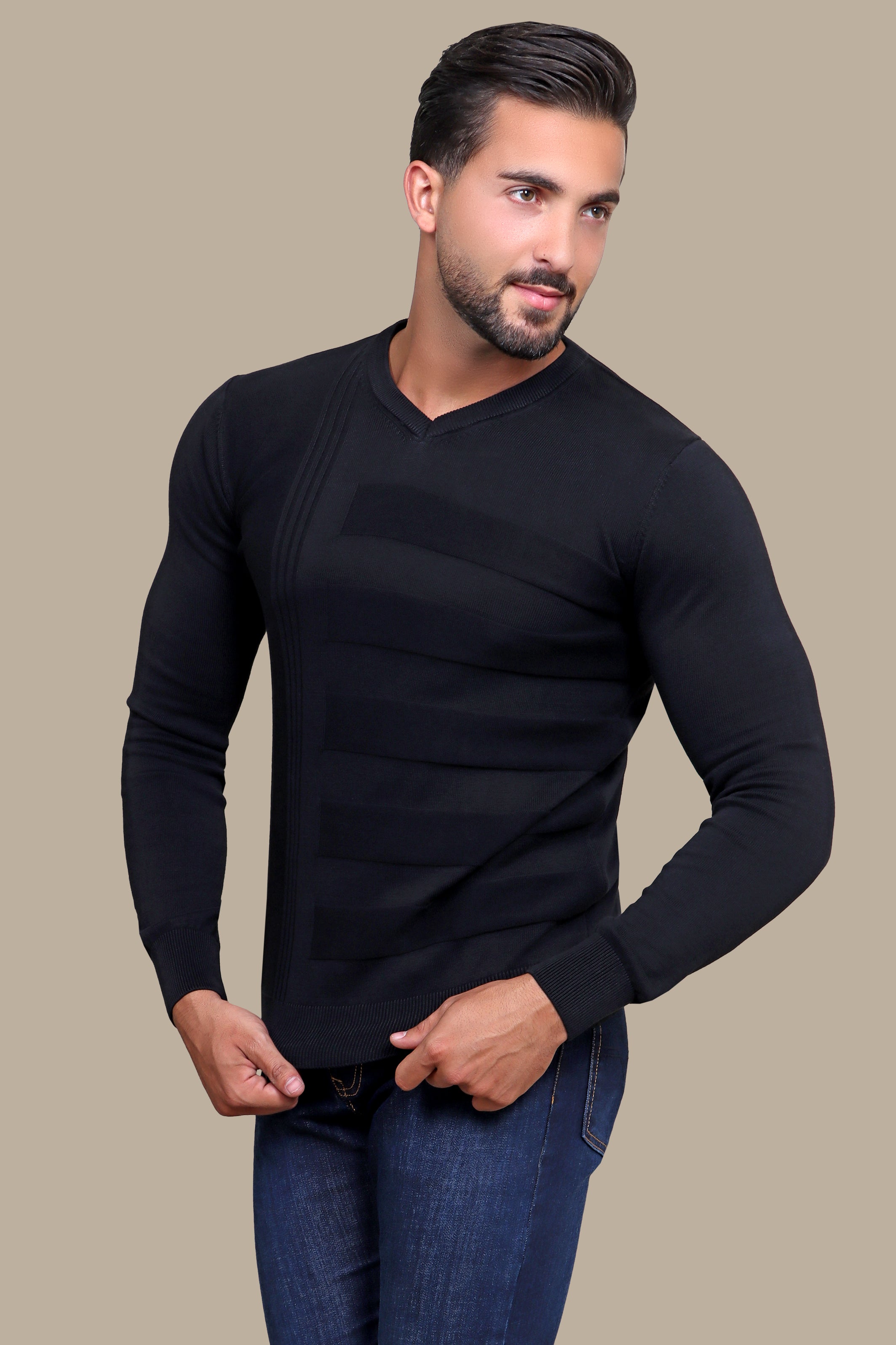 Classic Charisma: Black V-Neck Designed Sweater