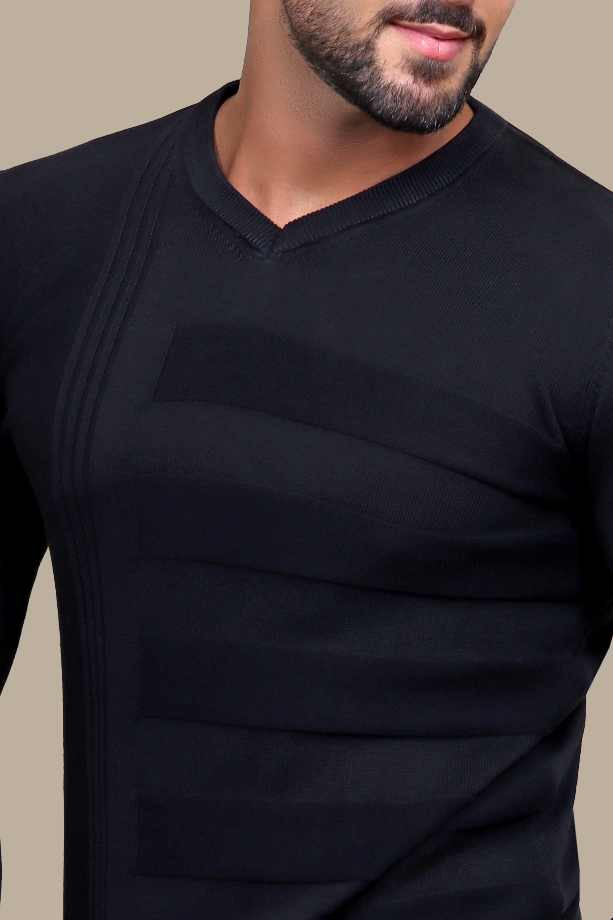 Classic Charisma: Black V-Neck Designed Sweater