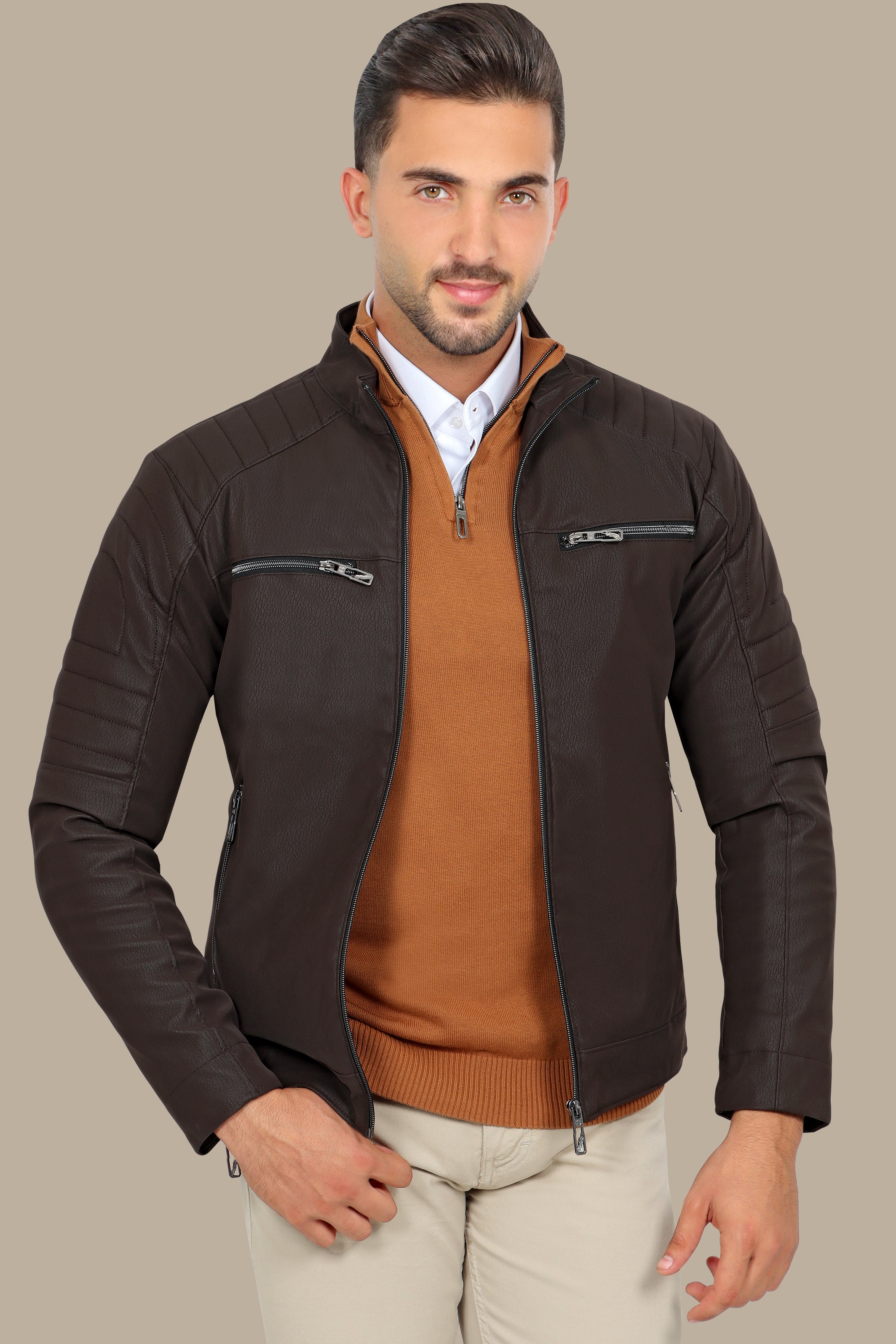 Rugged Elegance: Brown Faux Leather Biker Jacket with Four Zippers