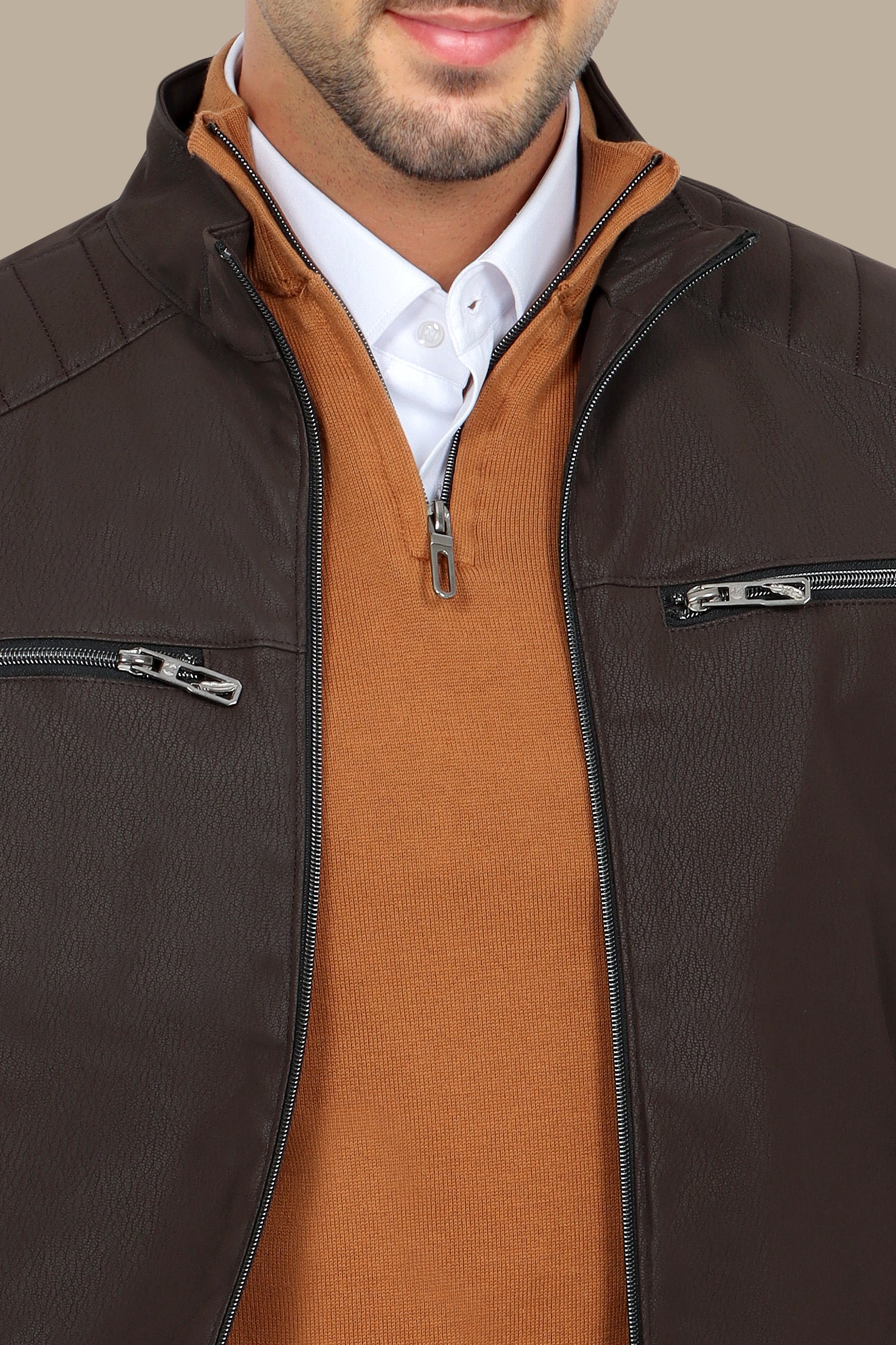 Rugged Elegance: Brown Faux Leather Biker Jacket with Four Zippers