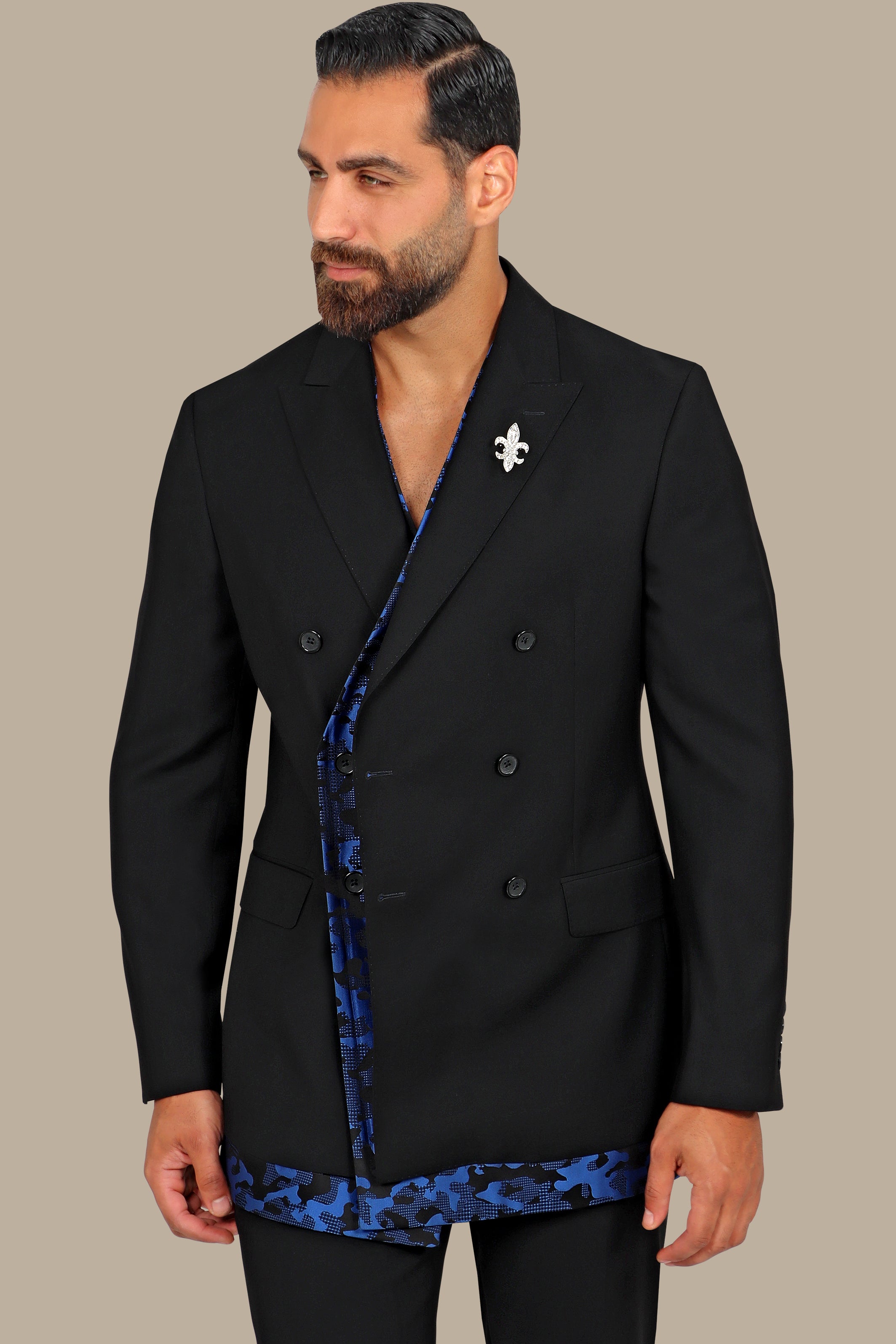 Double-Breasted Camouflage Suit in Black Mix