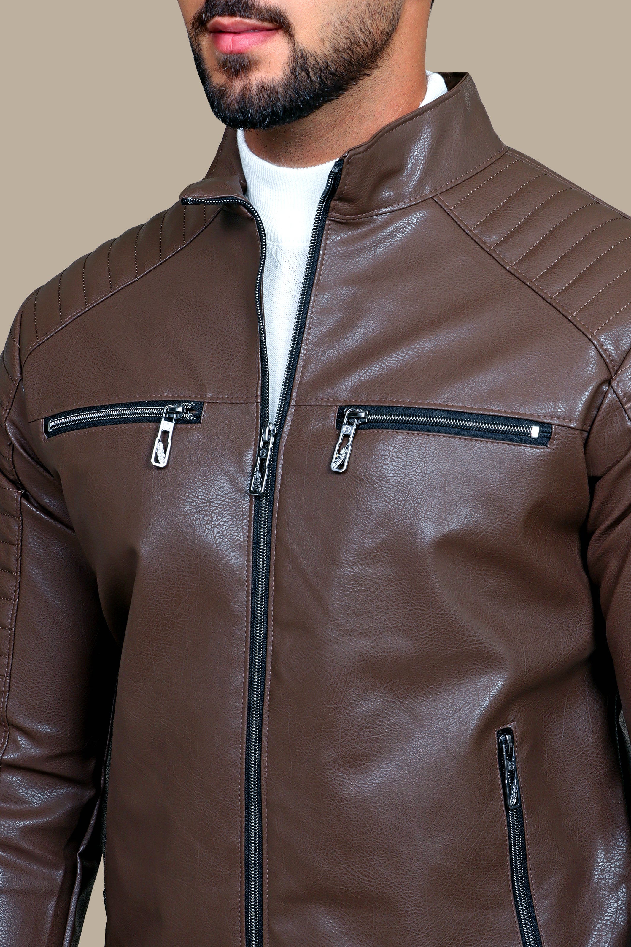 Rugged Elegance: Brown Faux Leather Biker Jacket with Four Zippers