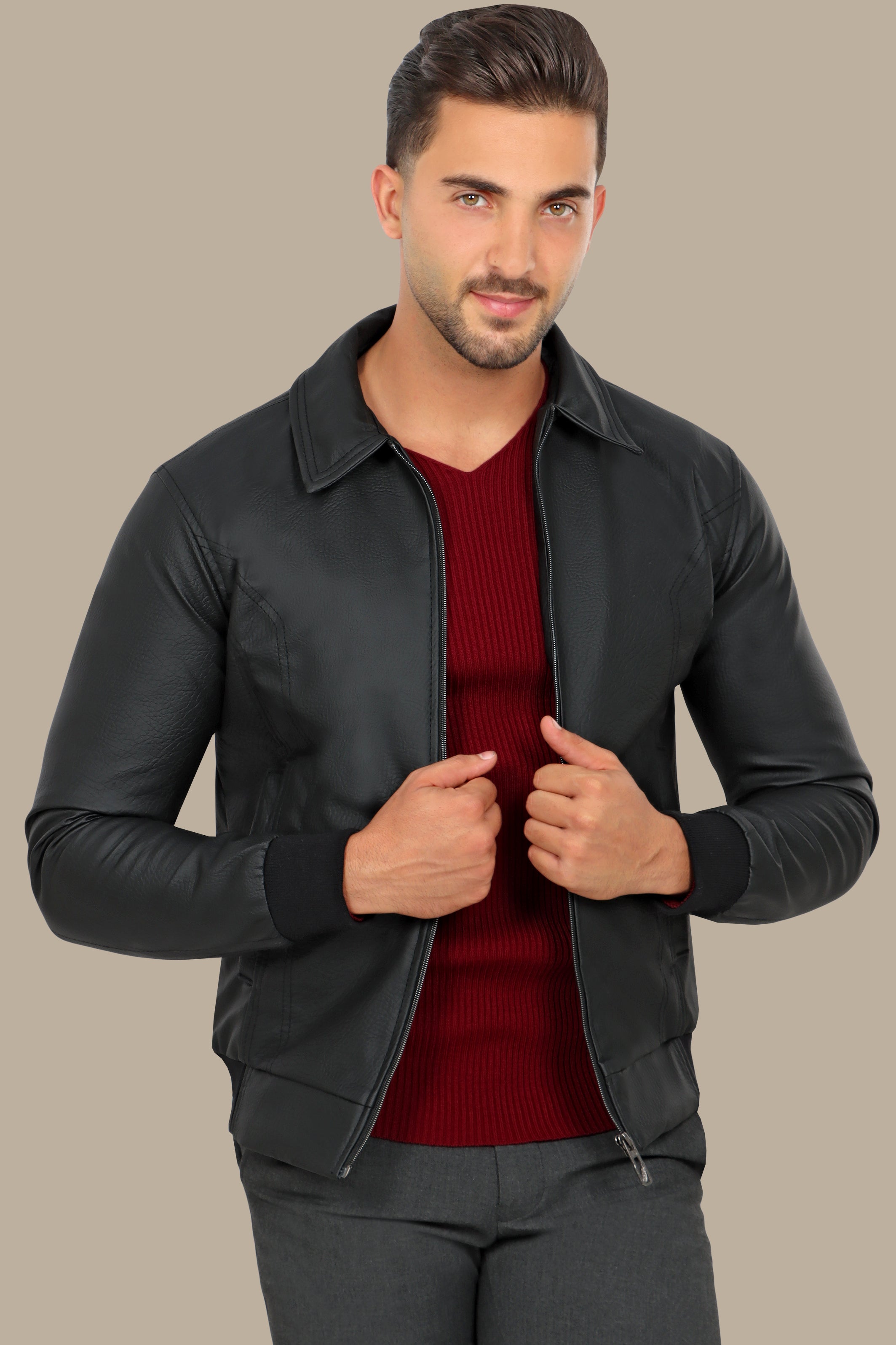 Timeless Charm: Black Leather Jacket with Classic Collar & Zipper