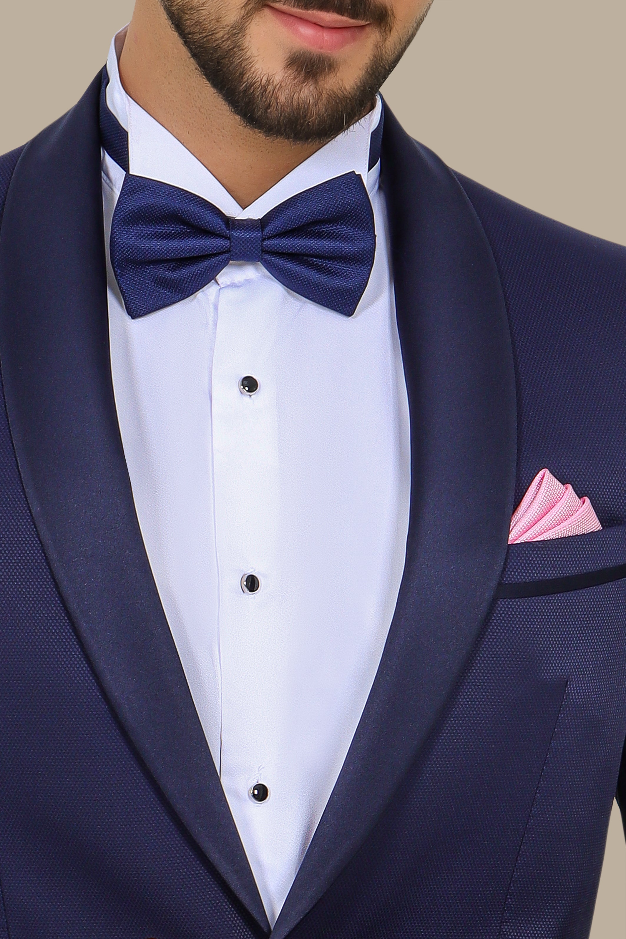 Refined Charm: The Navy Piqué Tuxedo with Shawl Collar