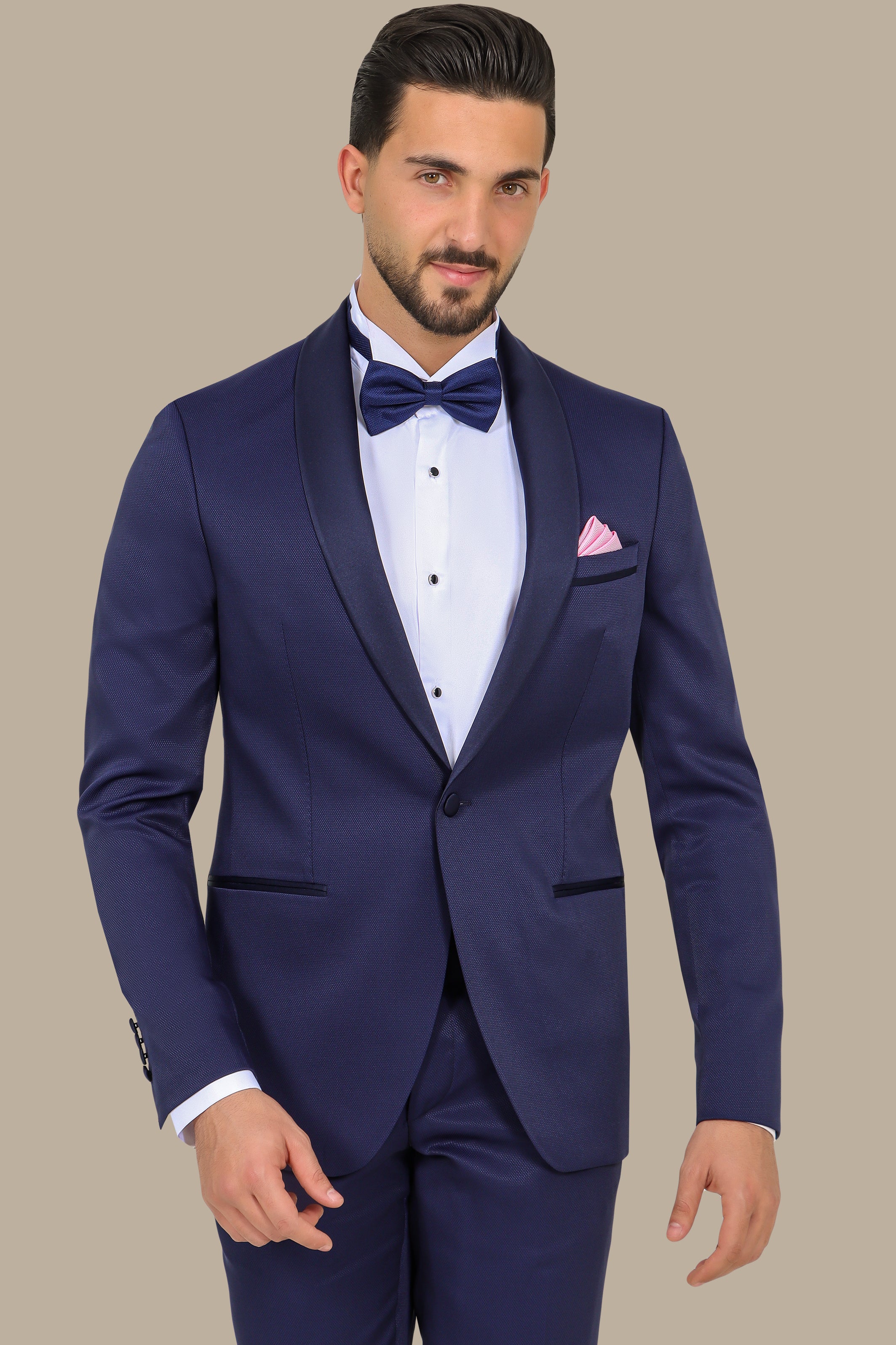 Refined Charm: The Navy Piqué Tuxedo with Shawl Collar