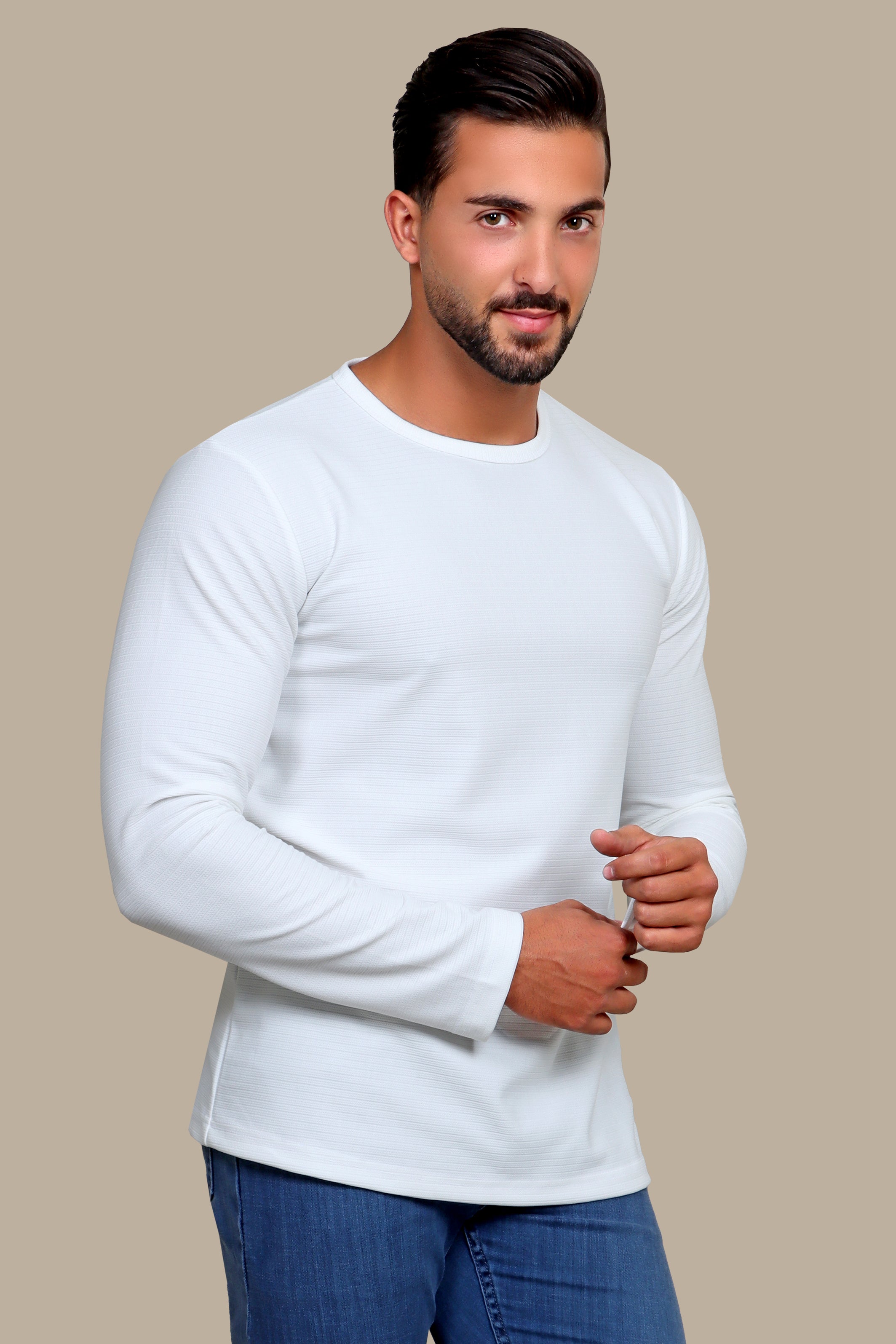 Pure Elegance: White Ribbed Structured Round Neck Sweater