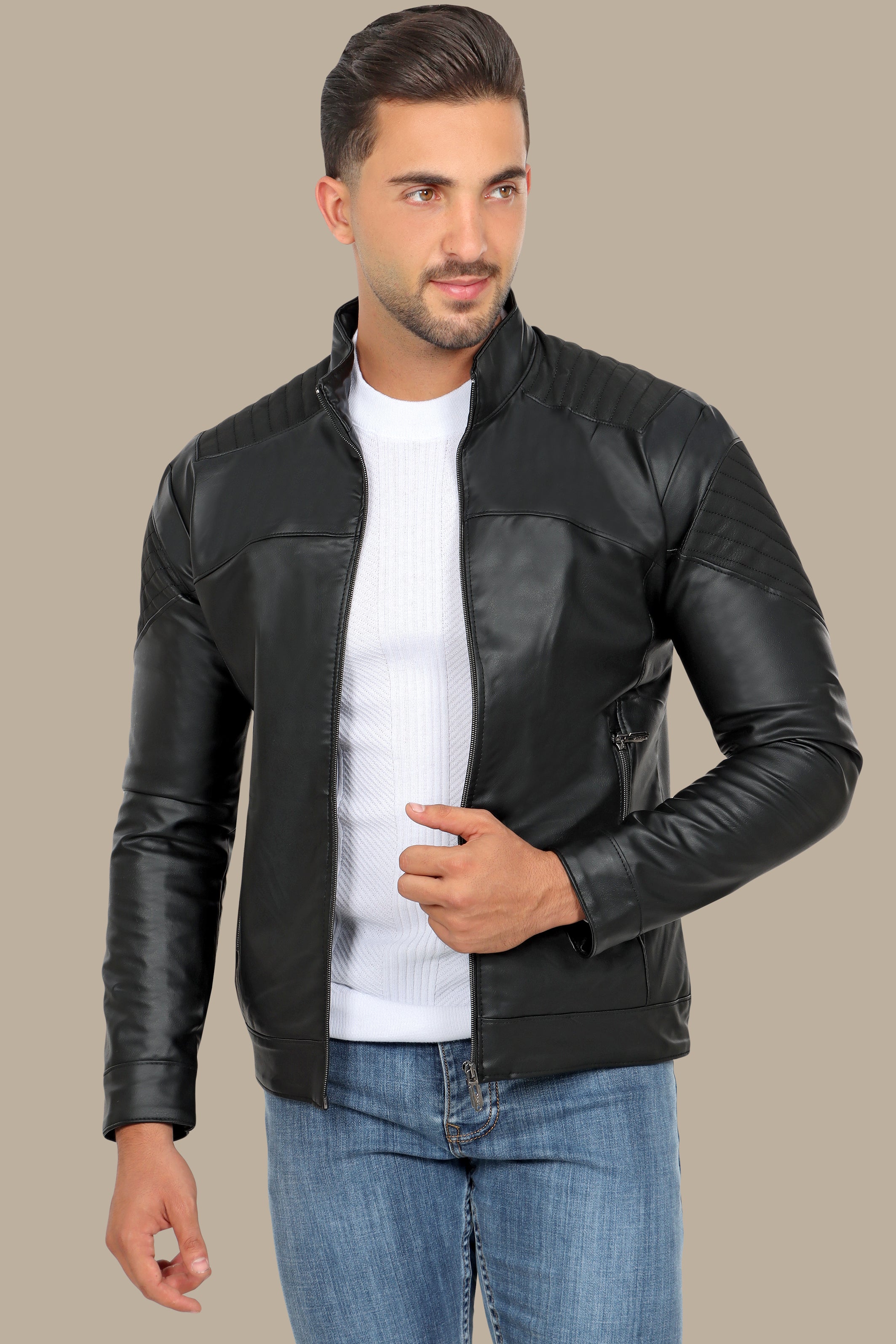 Black Faux Leather Mao Collar Jacket with Mixed Fabric