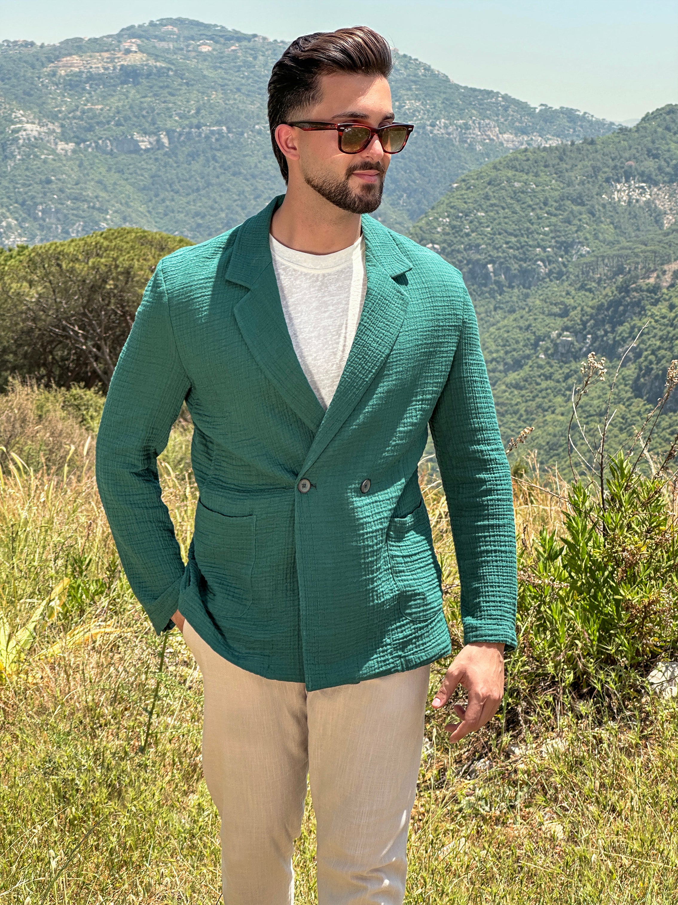 Green Linen Double-Breasted Blazer with Notch Lapel