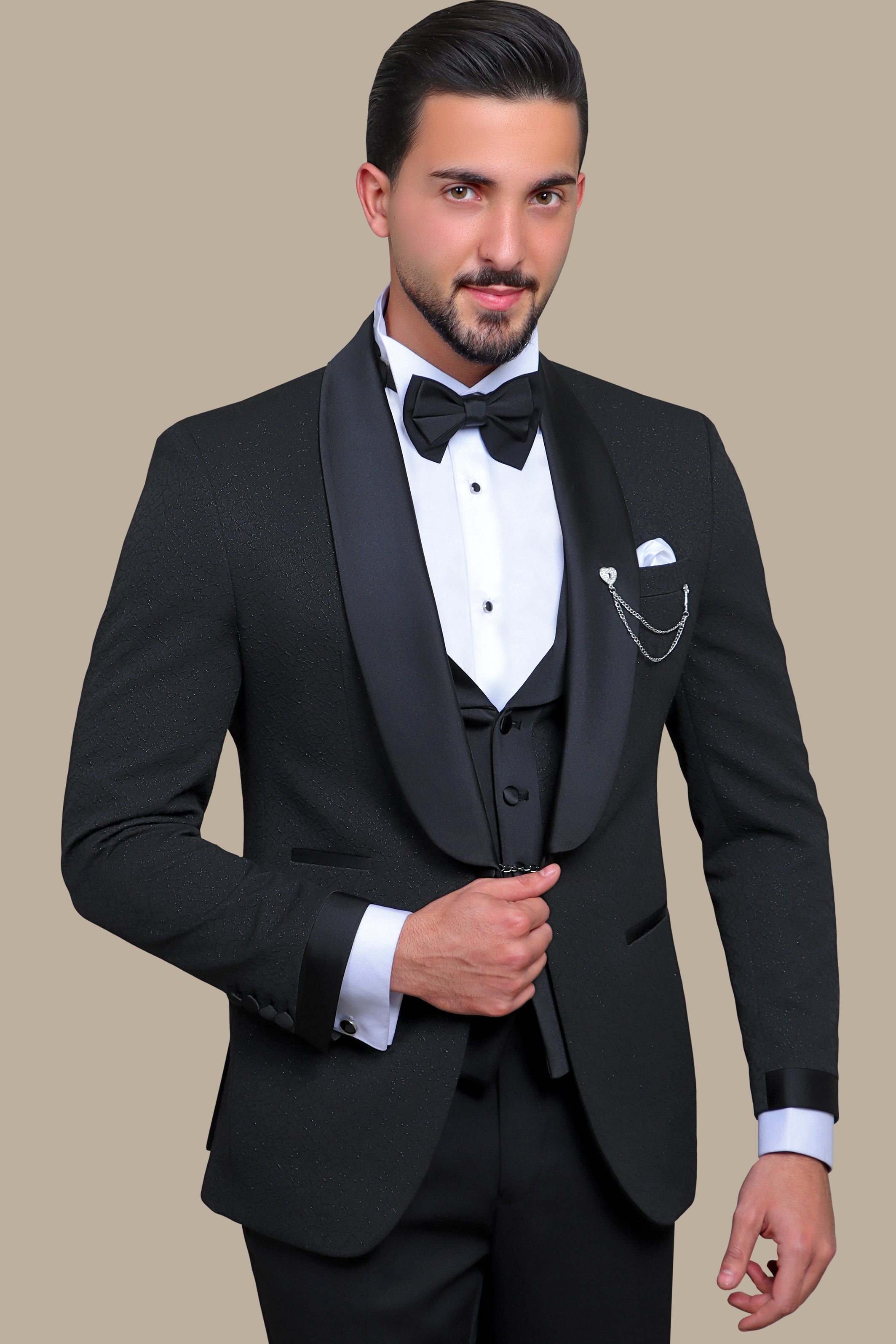 Elegant Ensemble: Black Jacquard Shawl Collar 4-Piece Tuxedo Set