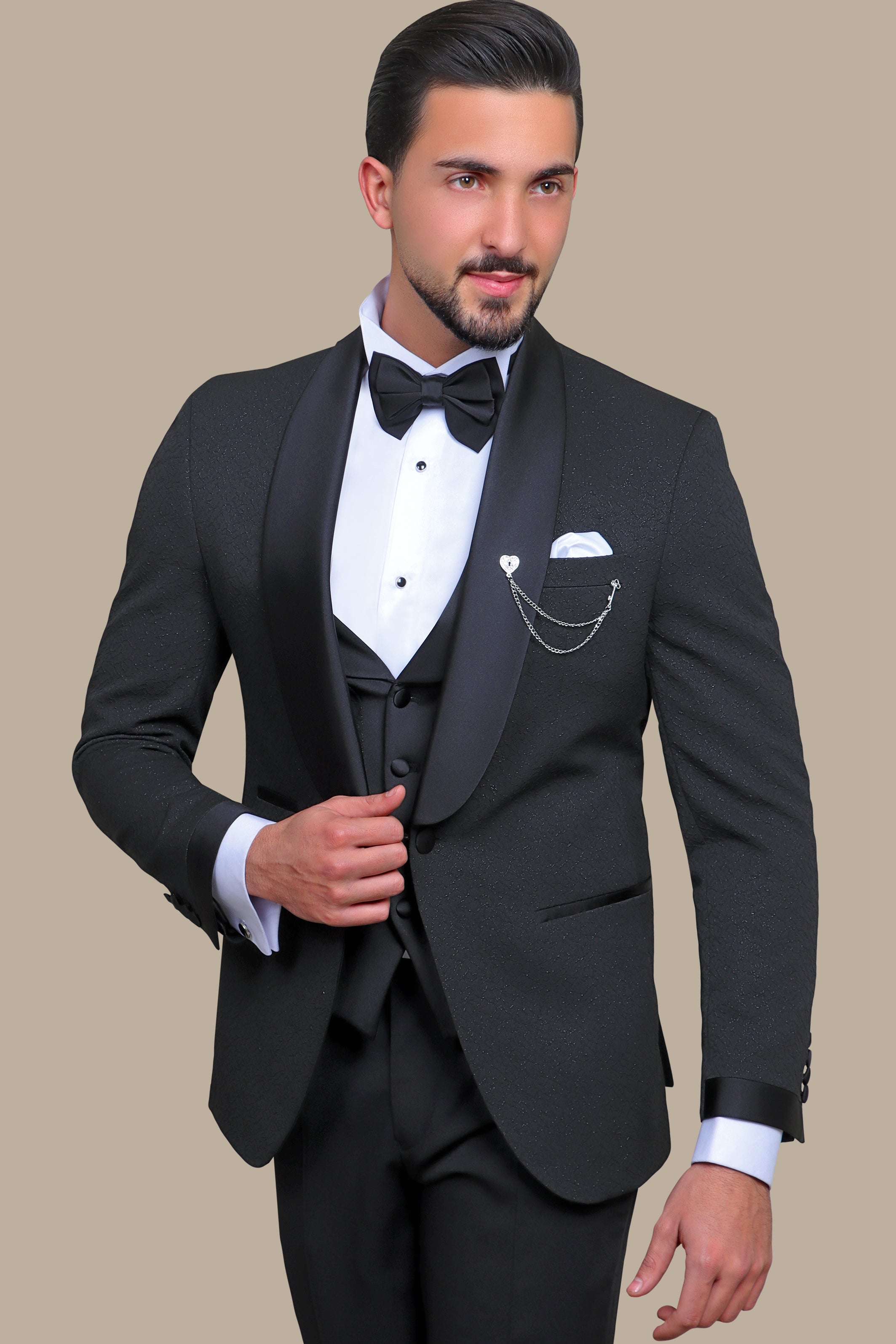 Elegant Ensemble: Black Jacquard Shawl Collar 4-Piece Tuxedo Set