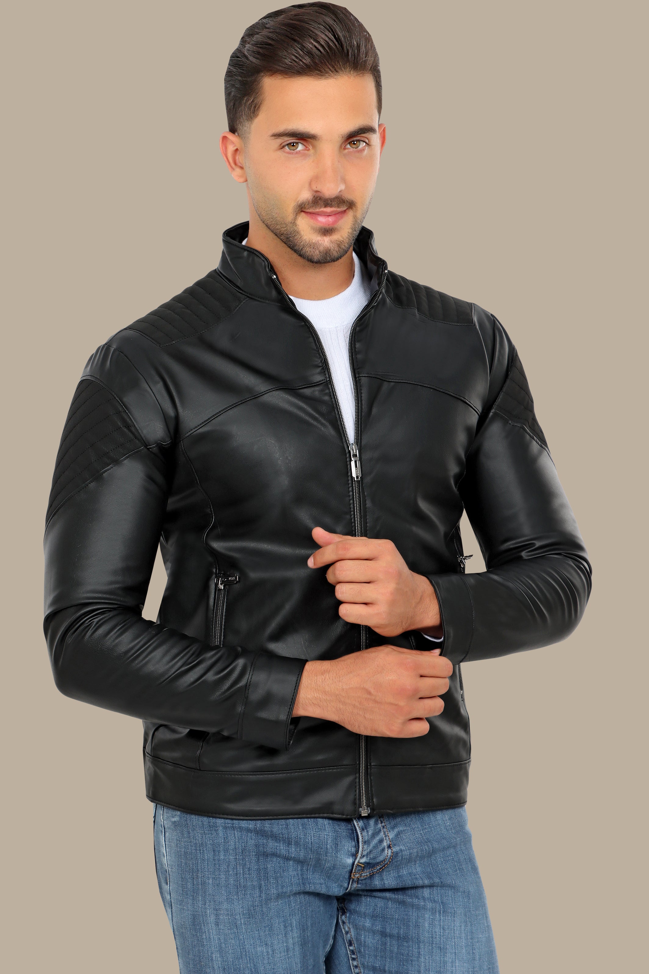 Black Faux Leather Mao Collar Jacket with Mixed Fabric