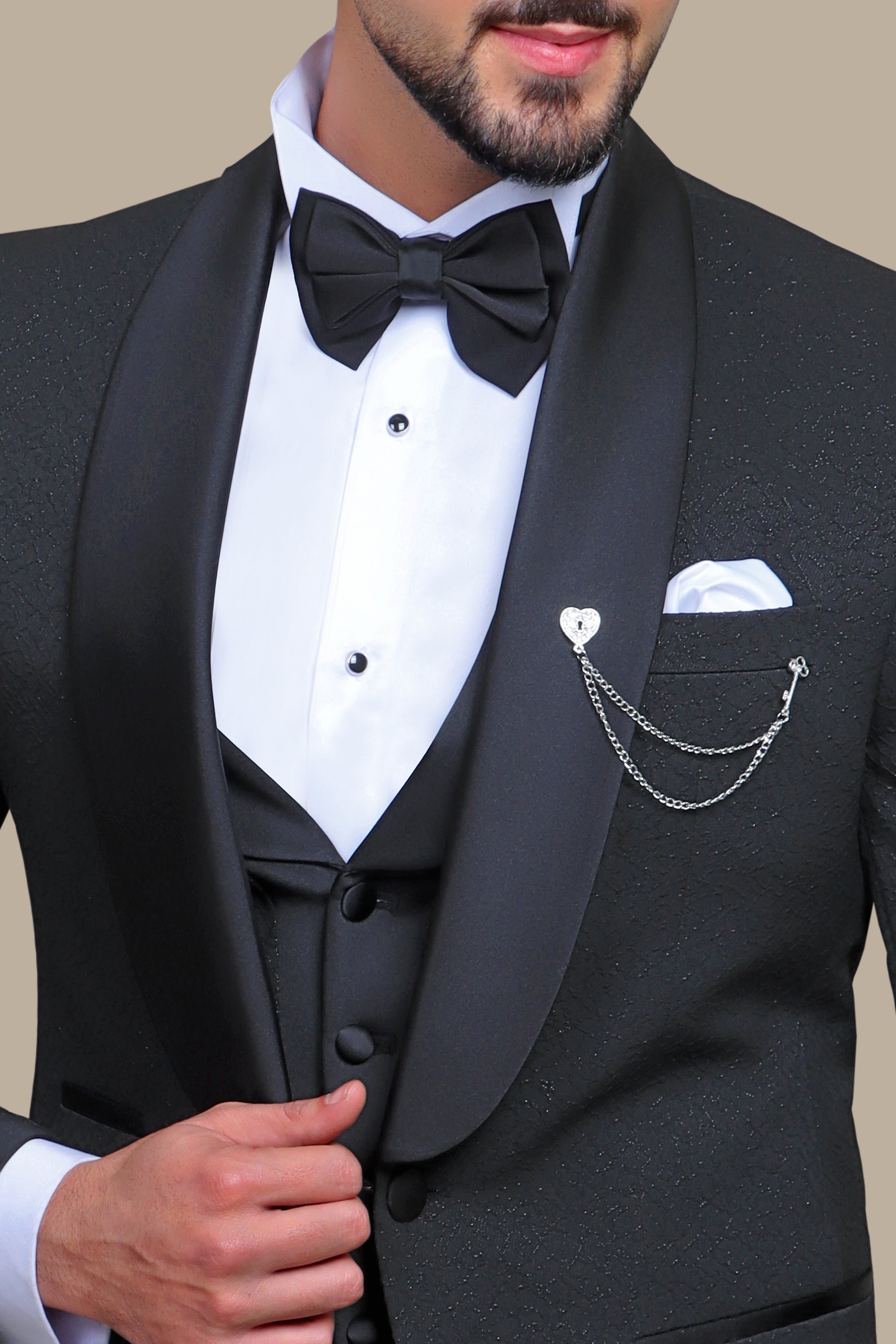 Elegant Ensemble: Black Jacquard Shawl Collar 4-Piece Tuxedo Set