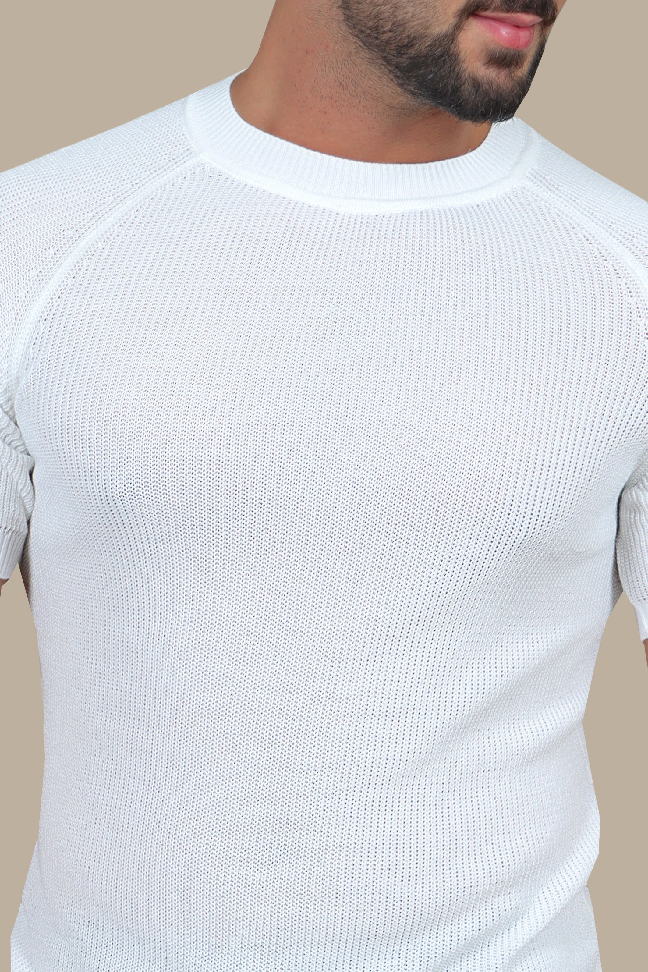 Pure Comfort: White Knitted Round Neck T-Shirt