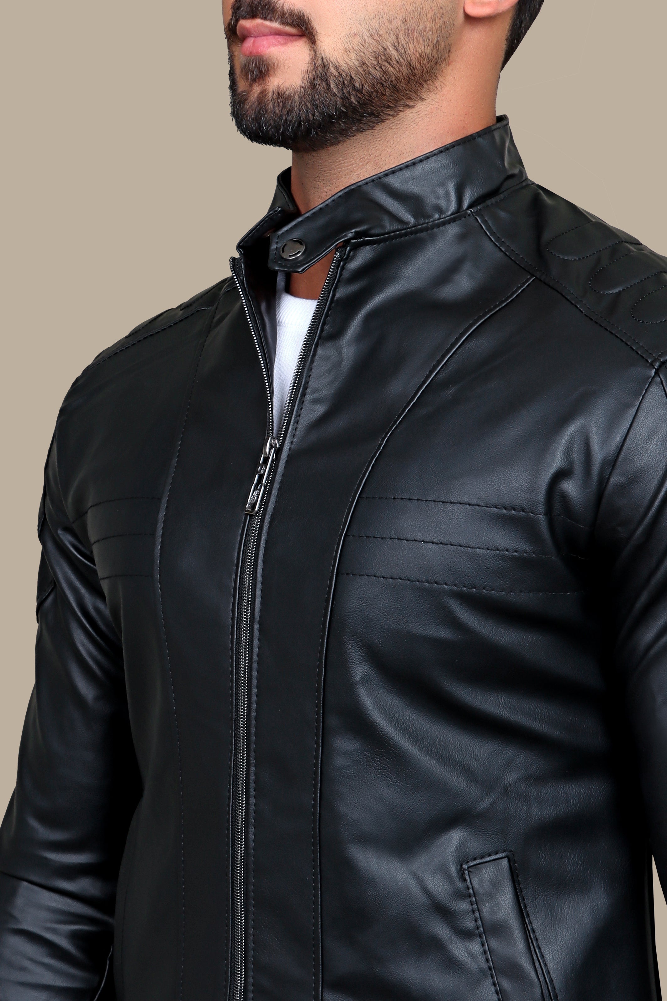 Sleek Sophistication: Black Faux Leather Biker Jacket with Mao Collar