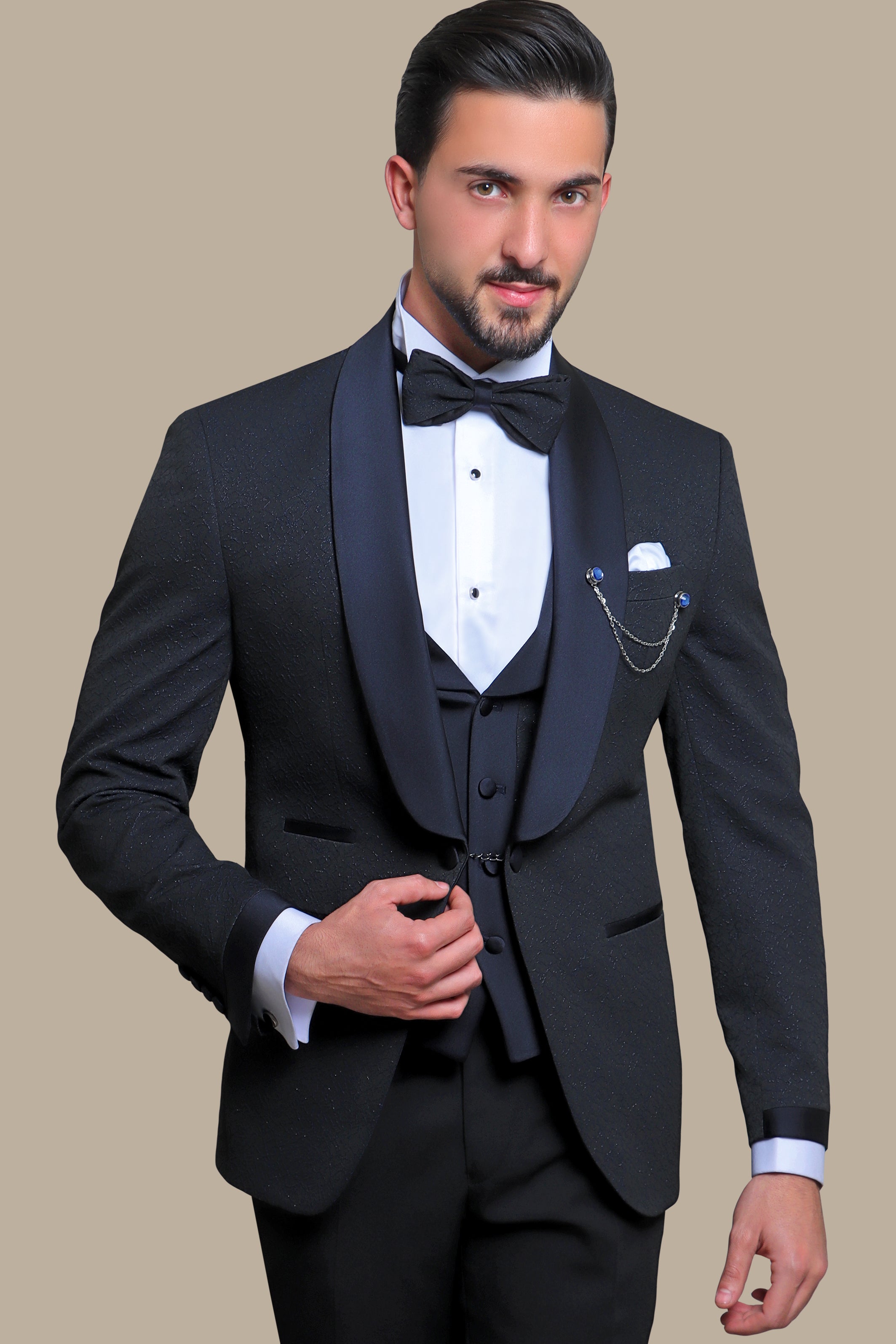 Opulent Charm: Navy Jacquard 4-Piece Tuxedo Set with Shawl Collar