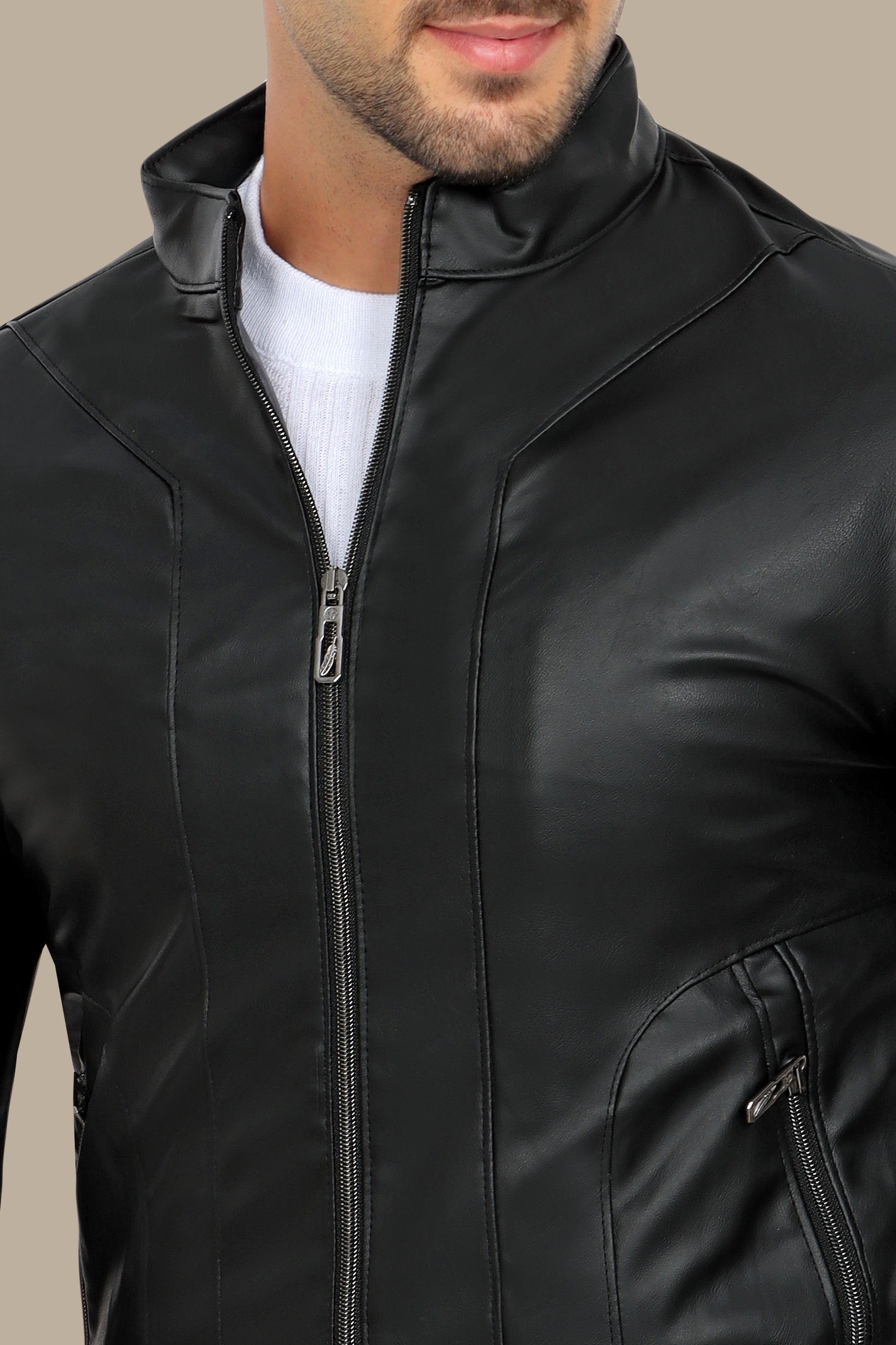 Urban Edge: Black Faux Leather Biker Jacket with Round Stitch Shoulders